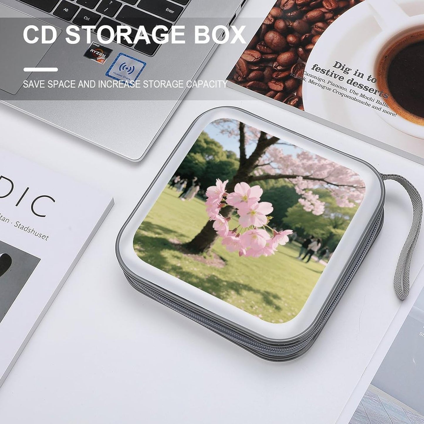 Cherry Blossom CD Case Portable Zipper CD Case 40 Capacity Hard Plastic DVD Cases Holder Large Storage Disc Wallet Bag for Car Home Travel DVD Collection Bag