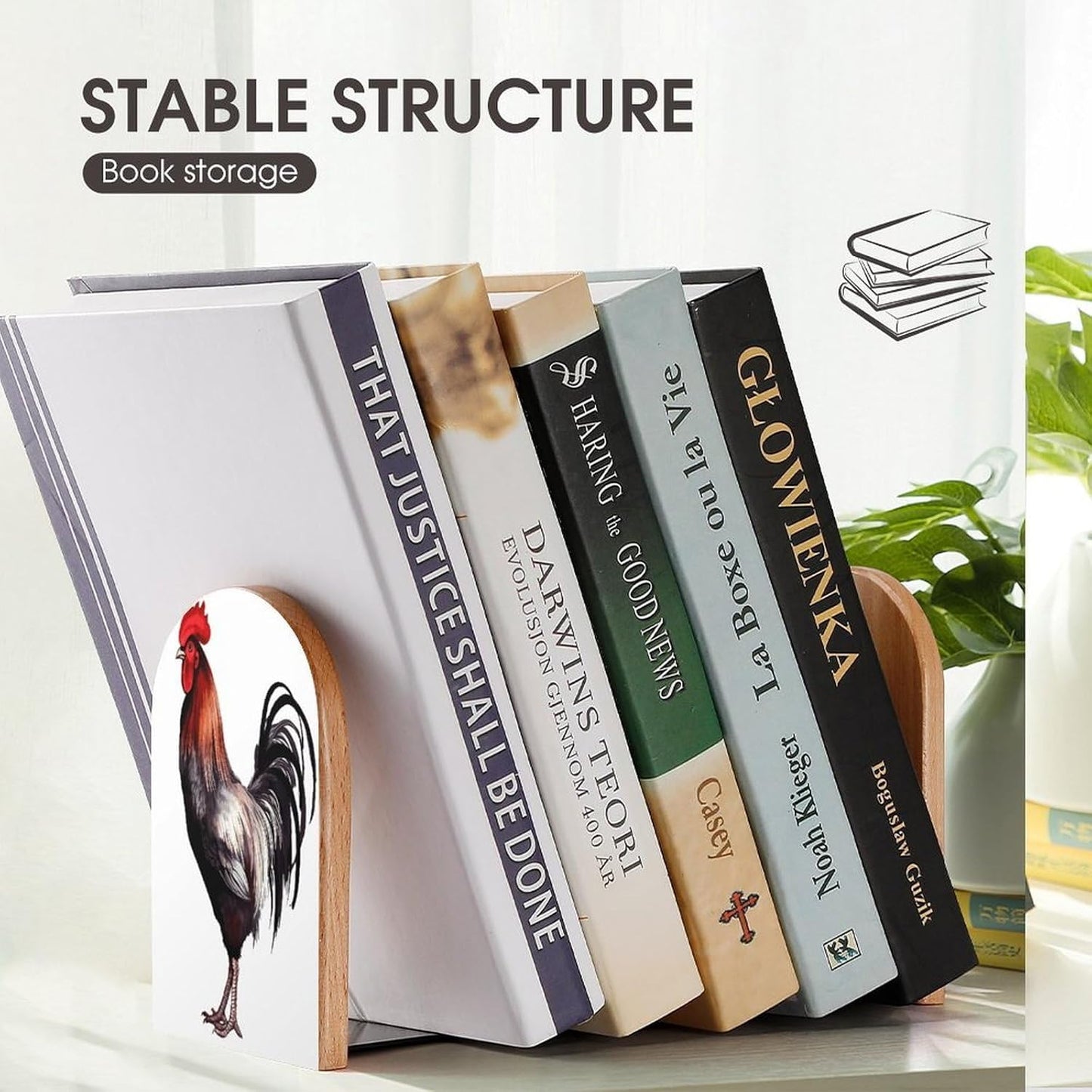 Rooster Bookends 1 Pair Heavy Duty Book Ends for Shelves Non-Skid Bookend Supports Wooden Book Holders with Metal Base Desk Organizers Books Storage to Hold Books