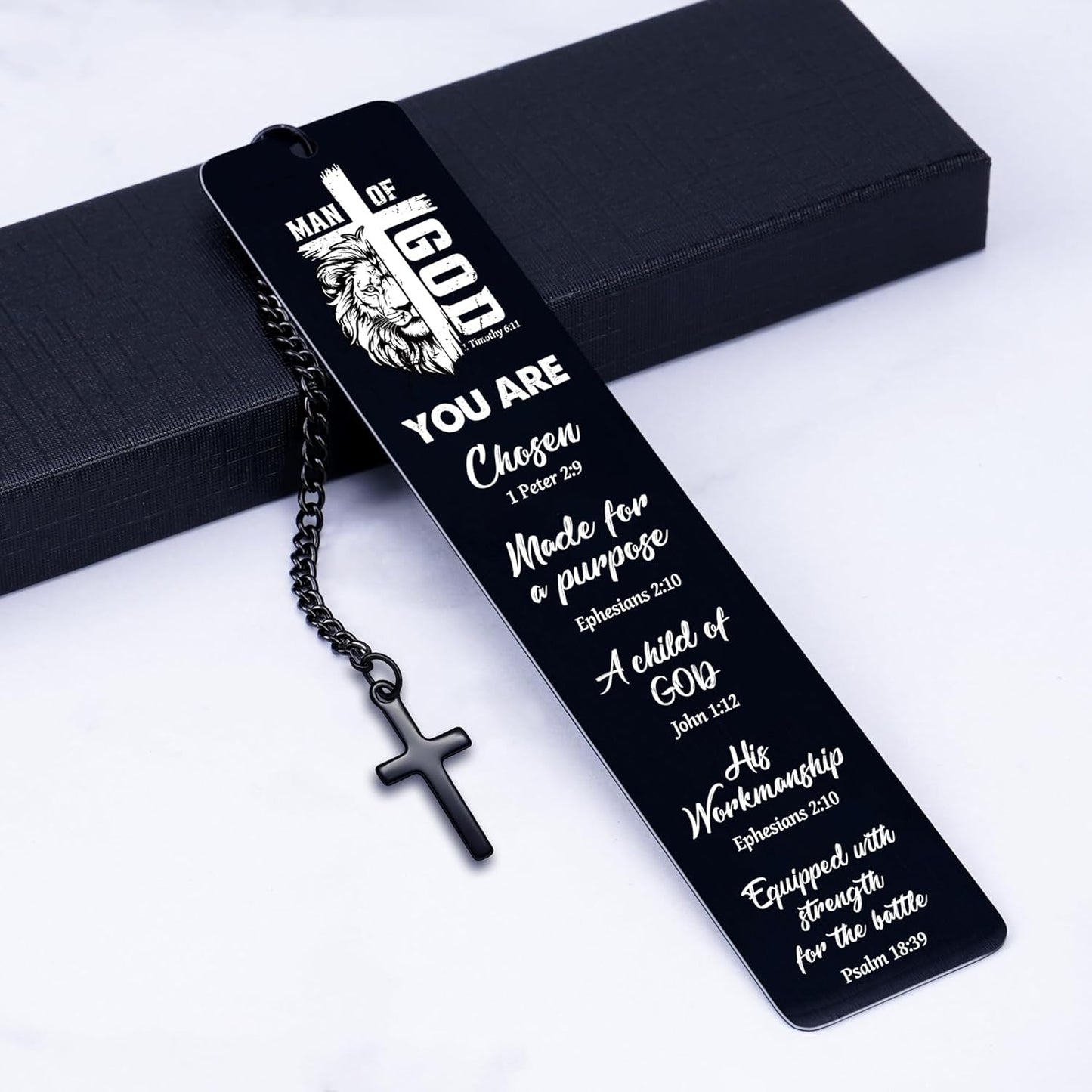 Christian Metal Bookmark Man of God, Black Inspirational Lion Bible Verse Book Mark with Cross Pendant, Religious Scripture Verse Bookmarks for Man Accessories Birthday Church Baptism Gift
