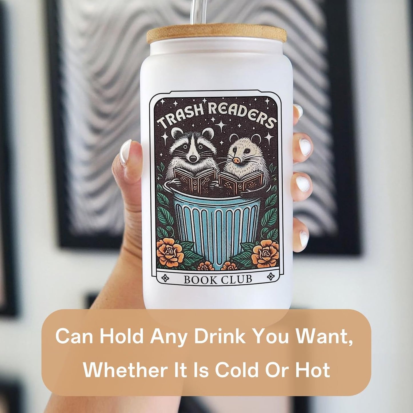 16 Oz Book Club Glass Cup，Cool Book Lovers Gifts, Bookish Gifts for Women, Readers, Best Friends Cute Iced Coffee Tumbler with Lids and Straws