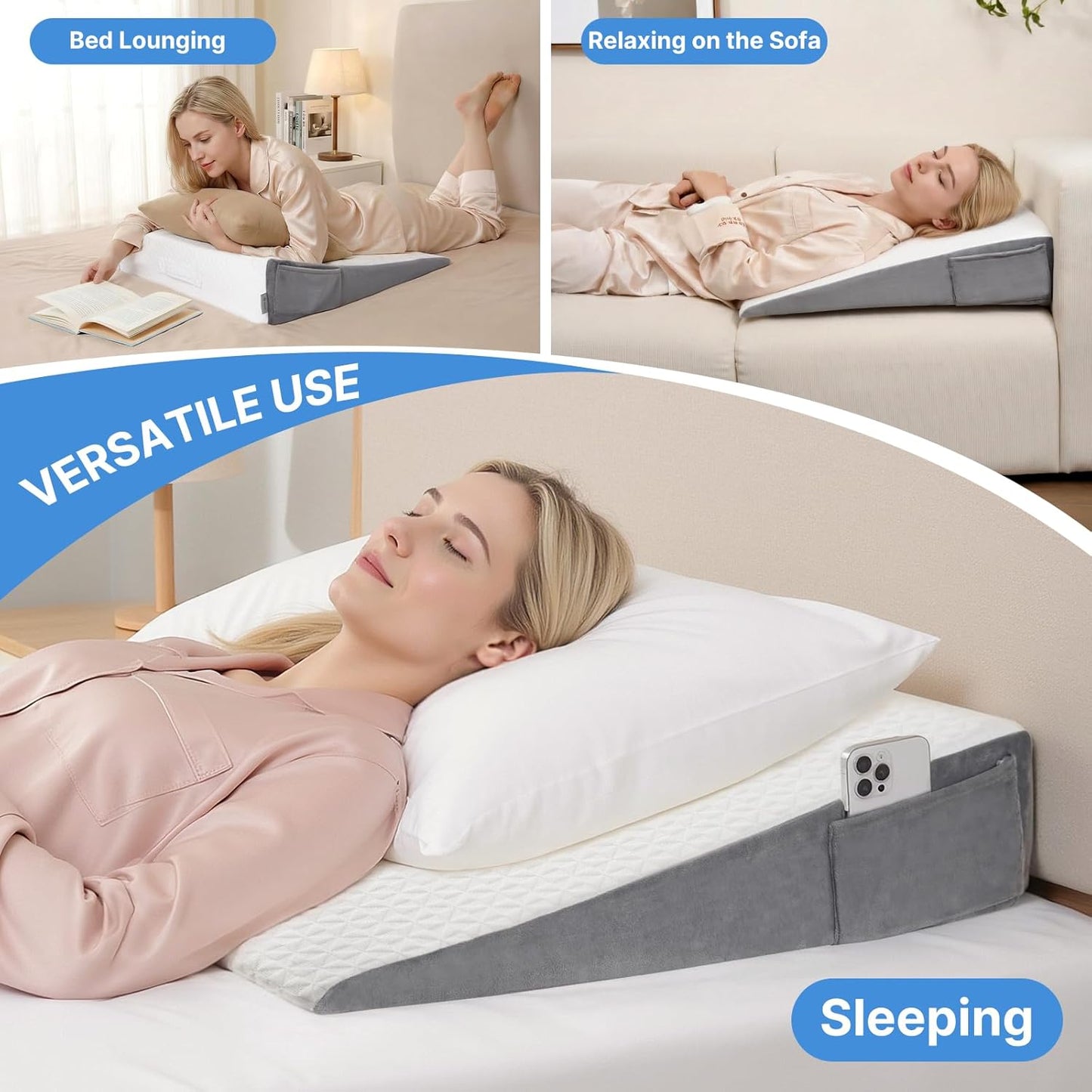 Vekkia 24" x 24" x 5.5" Bed Wedge Pillow for Sleeping – Triangle Pillow for Sleep Apnea, Acid Reflux, Snoring & Back Support, Post-Surgery Recovery, with Pockets & Washable Cover
