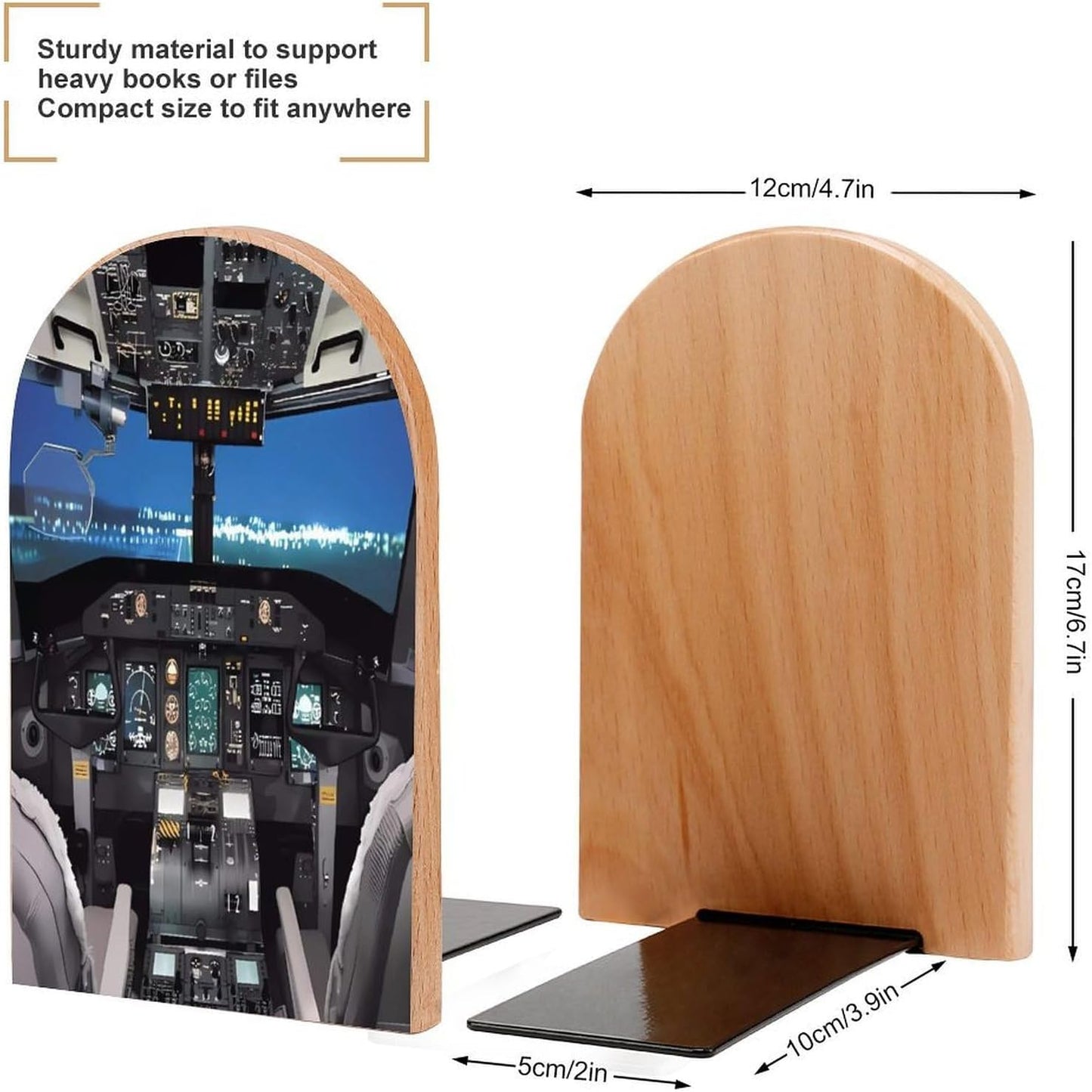 Airplane Cockpit Wooden Bookend Non-Slip Book Ends Heavy Duty Book Stopper with Metal Base Books Holderd Decorative Bookends Stands Firmly for Office Supplies