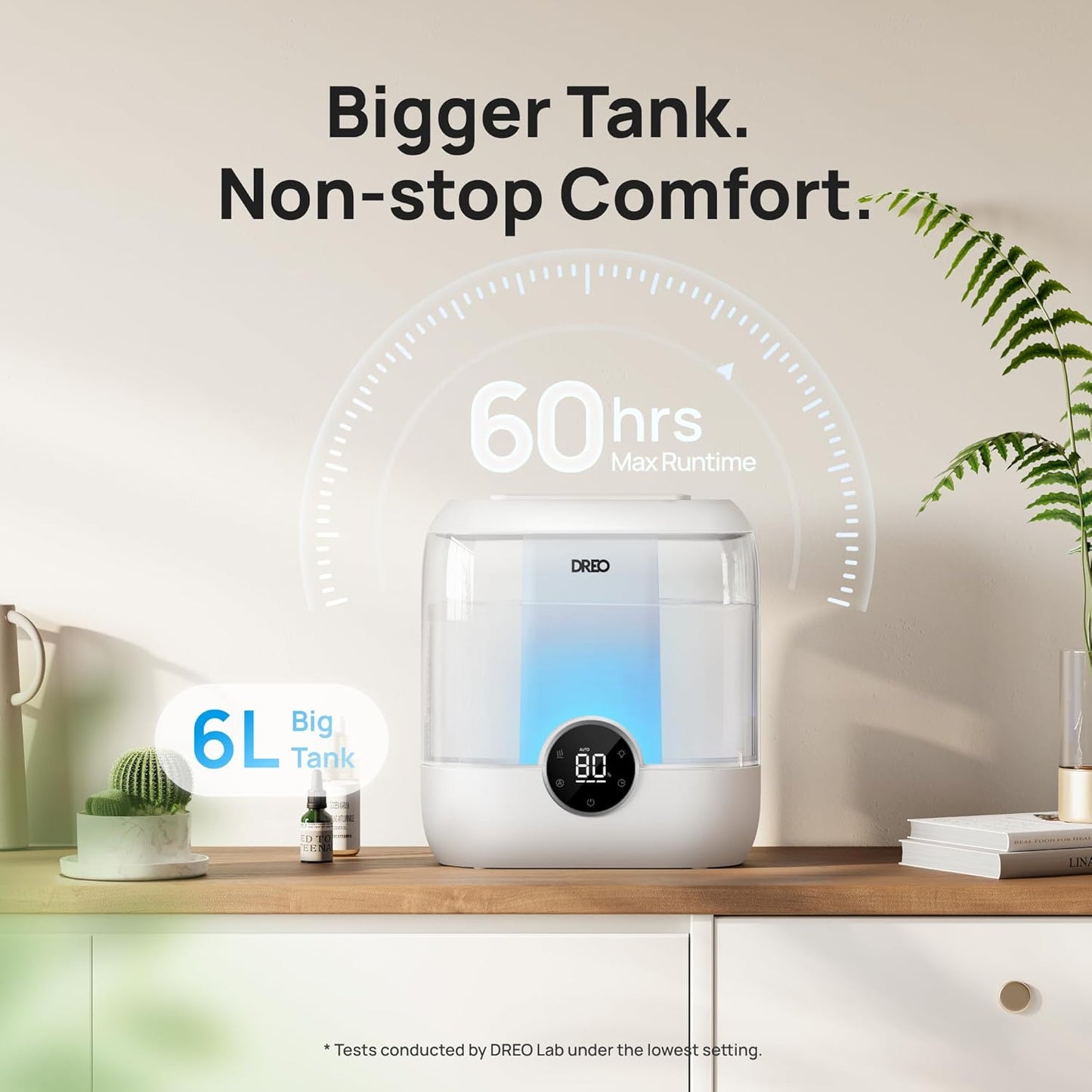 DREO Smart Humidifiers for Bedroom, 6L Top Fill Supersized Cool Mist Humidifier for Large Room, 60 Hour Runtime, Quiet Ultrasonic Humidifiers for Plants, Indoor, Home, Night Light, White