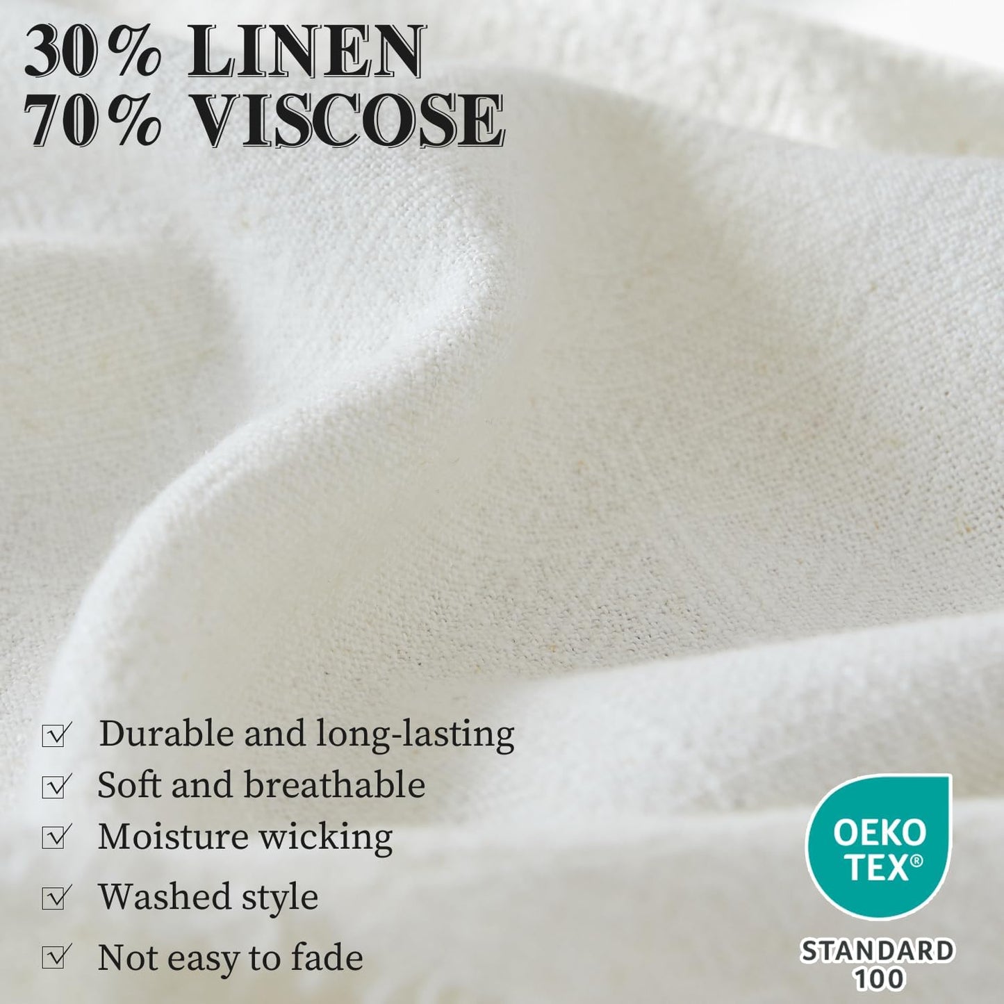 Simple&Opulence Boho Fringed Linen Throw Blanket for Bed, Couch, 50”x70” Pre-Washed Vintage Decorative Woven Blanket with Tassels, Breathable Durable Cozy Farmhouse for All Seasons (Ivory)