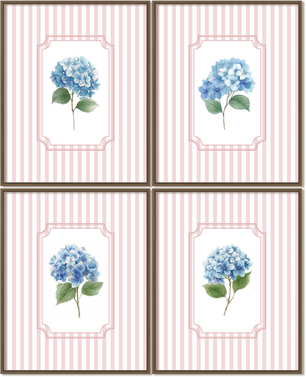 Foritho Pink Striped Blue Hydrangea Floral Wall Art Prints 8x10 Set of 4, Grandmillennial Blue Flower Botanical Wall Decor Pictures Posters for Girls Bedroom Home Living Room, Unframed