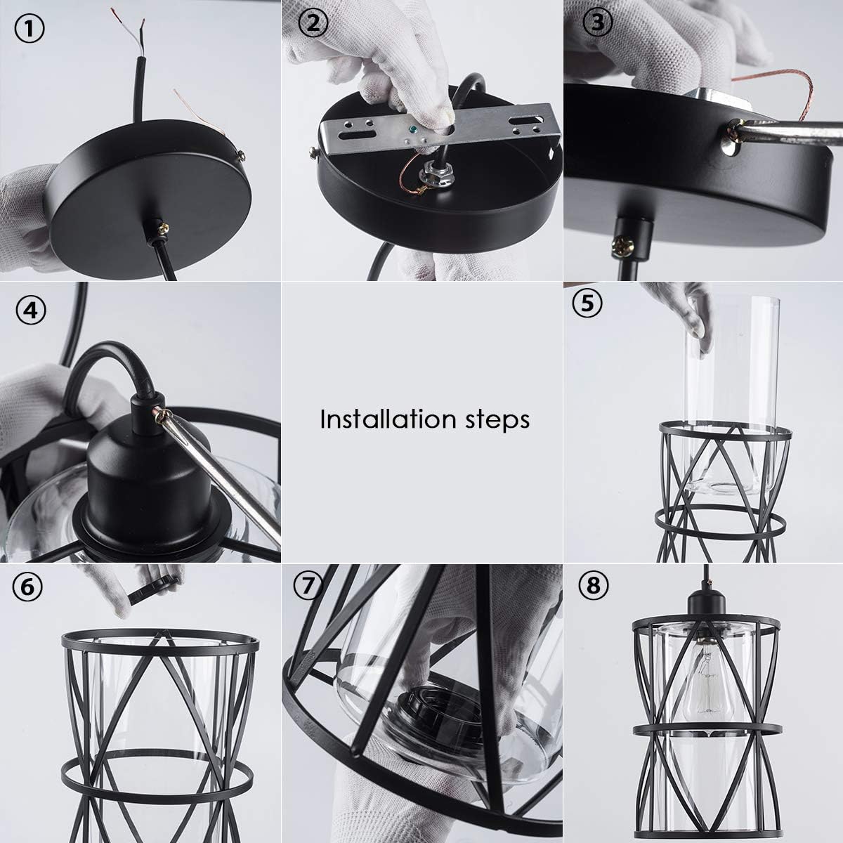 Black Industrial Metal Pendant Light with Clear Glass Shade, Transitional Cylinder Pendant Lighting Fixture for Kitchen Island Sink Counter Dining Room