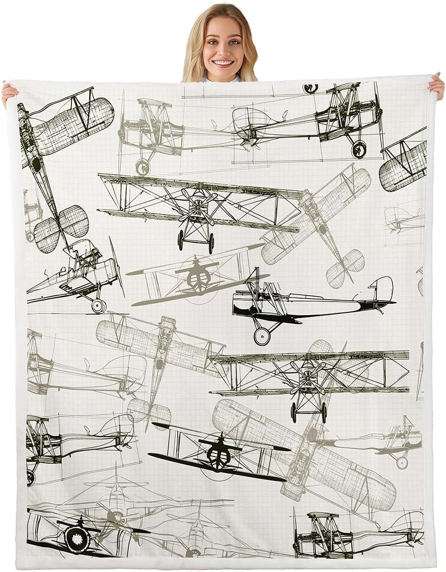 Aircraft Kids Throw Blanket,American Airplane Retro Bed Blanket for Girls Boys Adults,Air Vehicles Airplane Fleece Blanket,Beige Black Vintage Fuzzy Blanket,Throw Size (50 x 60 Inches)