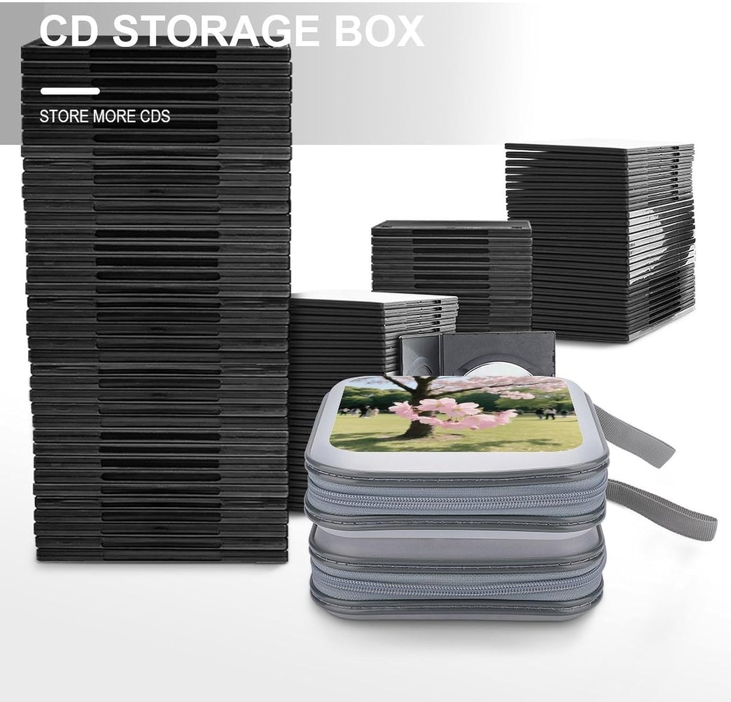 Cherry Blossom CD Case Portable Zipper CD Case 40 Capacity Hard Plastic DVD Cases Holder Large Storage Disc Wallet Bag for Car Home Travel DVD Collection Bag