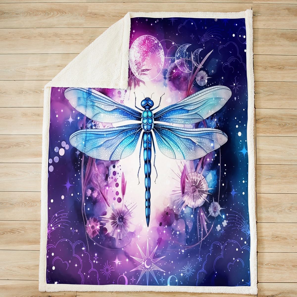 Dragonfly Kids Throw Blanket,Sun Moon Starry Sky Galaxy Trippy Bed Blanket for Girls Boys Women,Rustic Insect Wildlife Fleece Blanket,Purple Dreamy Fuzzy Blanket,Queen Size (90 x 90 Inches)