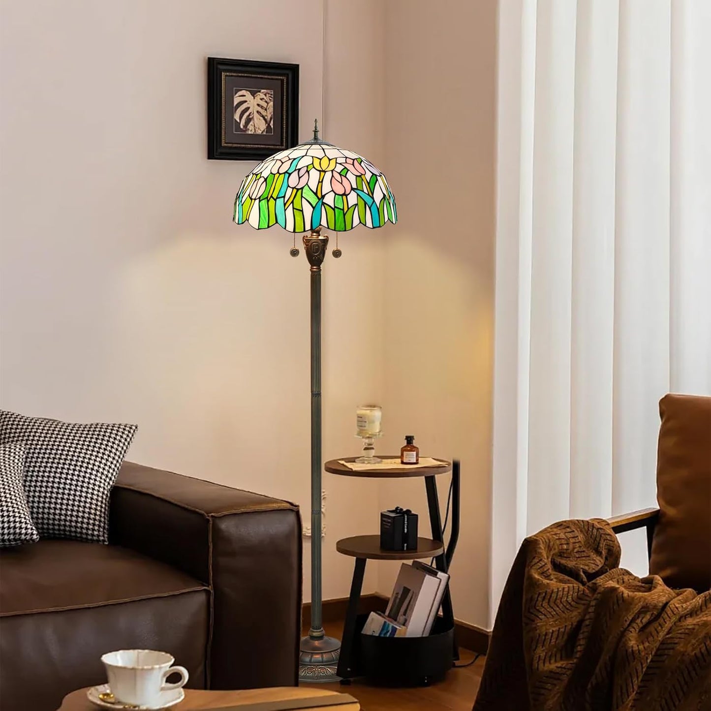 Tiffany Floor Lamp Pink Orange Tulips Stained Glass lamp for Living Room Bedroom Office Bright Lighting Rustic Corner Decor Standing Tall Unique Vintage Reading Aesthetic Light