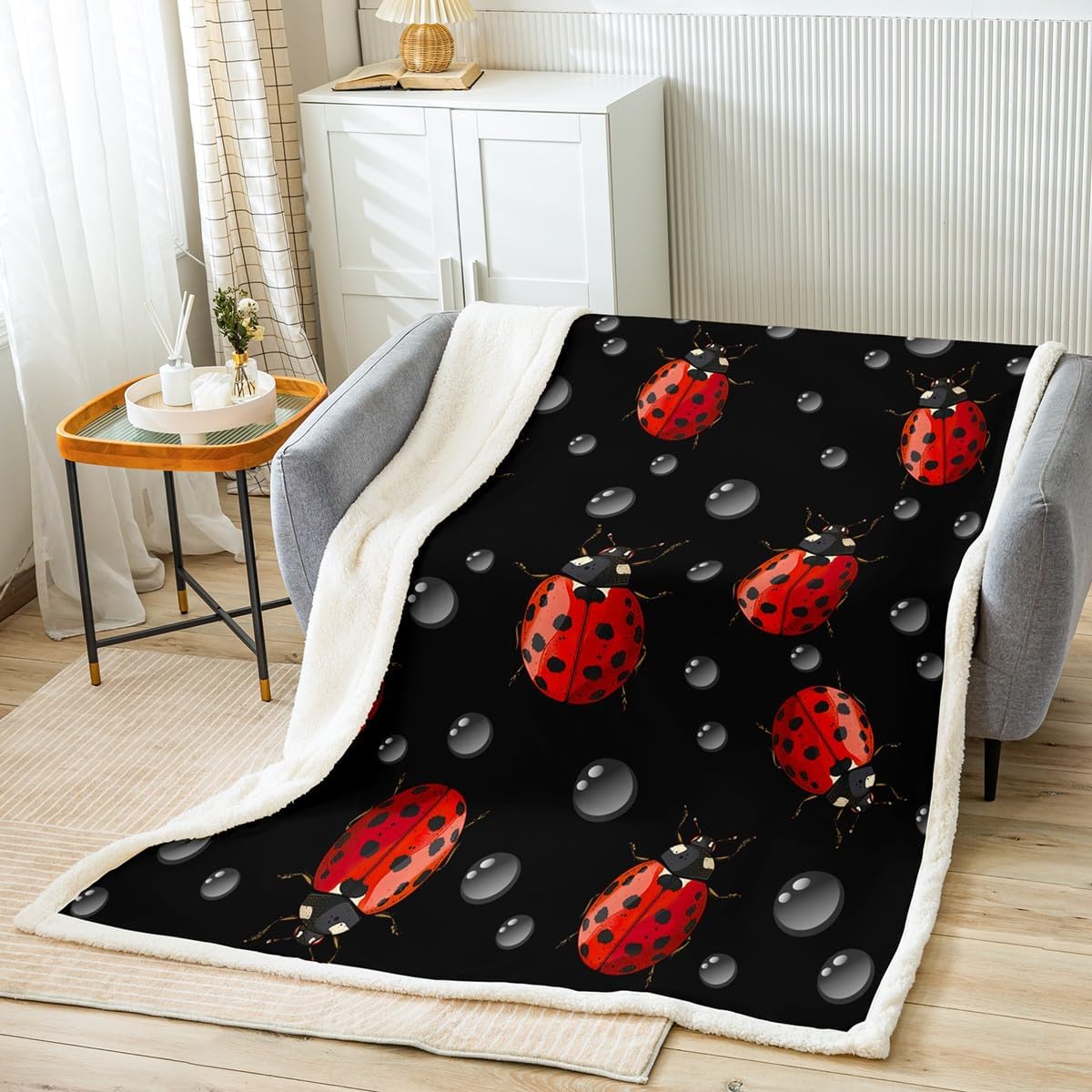 Erosebridal Ladybug Throw Blanket 50"x60" Red Ladybugs Bed Blanket for Kids Child,Cute Ladybird Fleece Blanket Beetles Bugs Pattern Blanket Lady Beetle Raindrop Black Background Room Decor