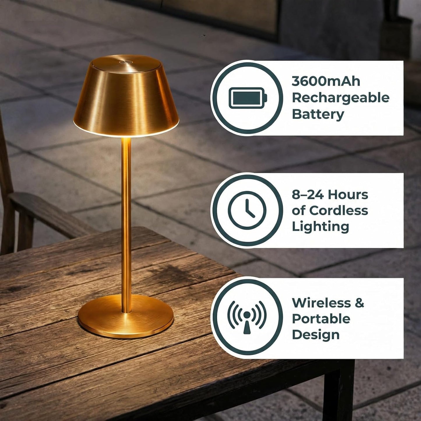 2 Pack Gold Cordless Table Lamp, All-Metal Brushed Finish Brass Cordless Table Lamp, Rechargeable with Long Battery Life, Touch Control Accent Light for Bedside, Dining Table, Living Room, Patio& Bar