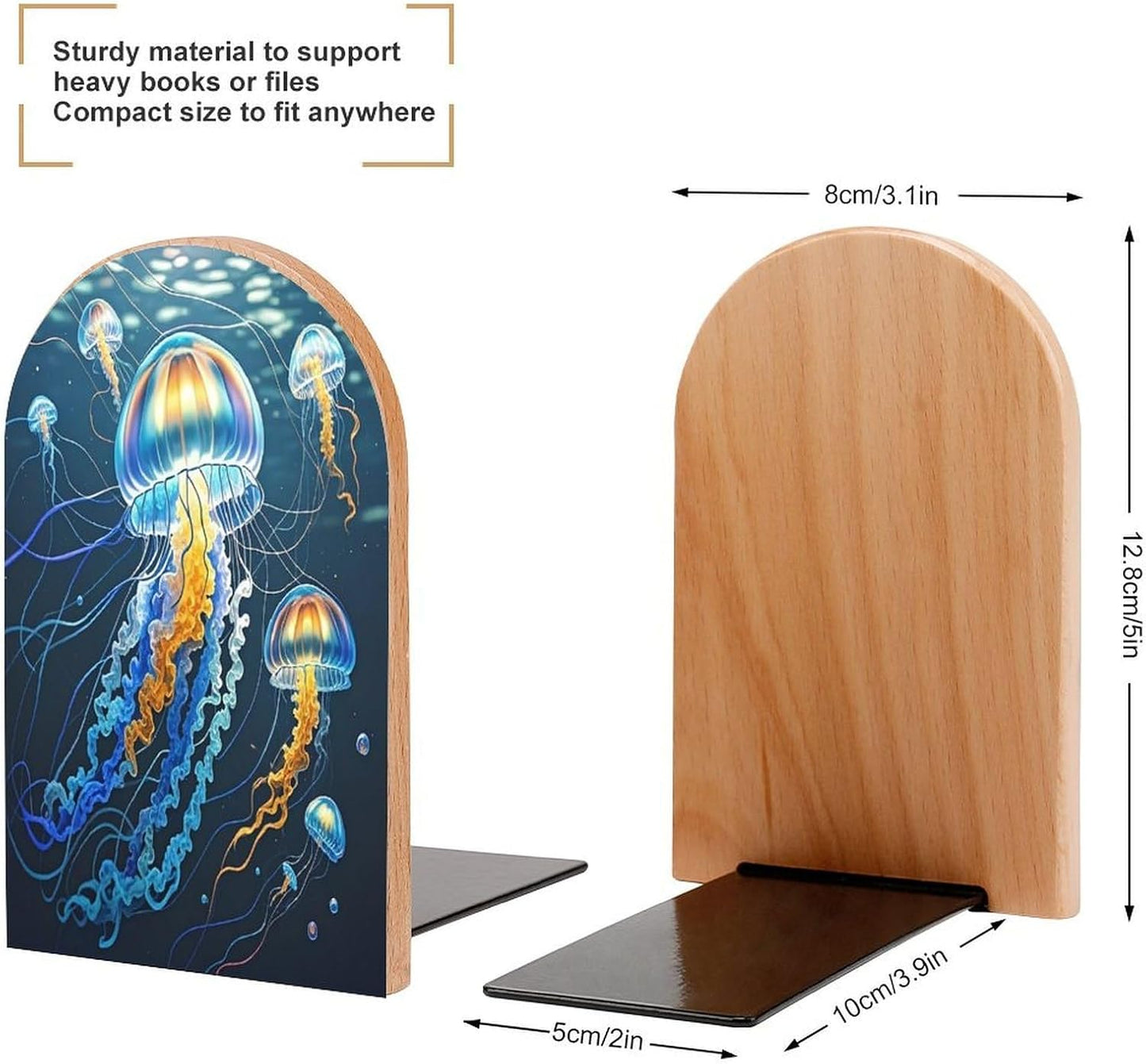 Color Jellyfish Bookends 1 Pair Heavy Duty Book Ends for Shelves Non-Skid Bookend Supports Wooden Book Holders with Metal Base Desk Organizers Books Storage to Hold Books