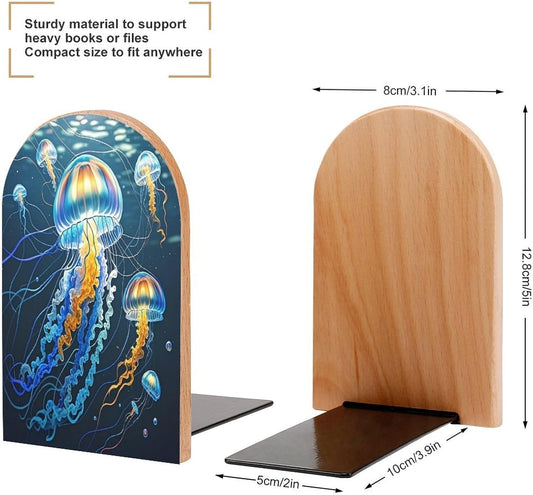Color Jellyfish Bookends 1 Pair Heavy Duty Book Ends for Shelves Non-Skid Bookend Supports Wooden Book Holders with Metal Base Desk Organizers Books Storage to Hold Books