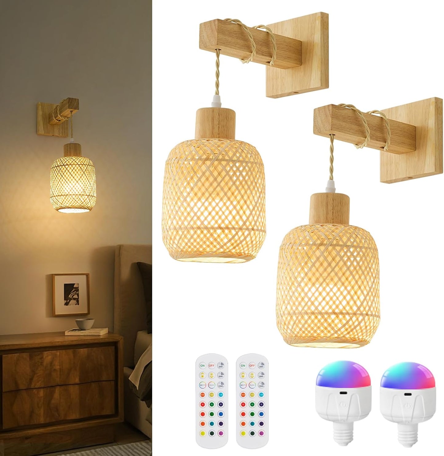 Battery Operated Wall Sconces Set of Two, Bamboo Lantern Rechargeable Wall Sconce with Remote, 15 Colors Dimmable Boho Wireless Wall Lights for Bedroom, Living Room, Wall Decor