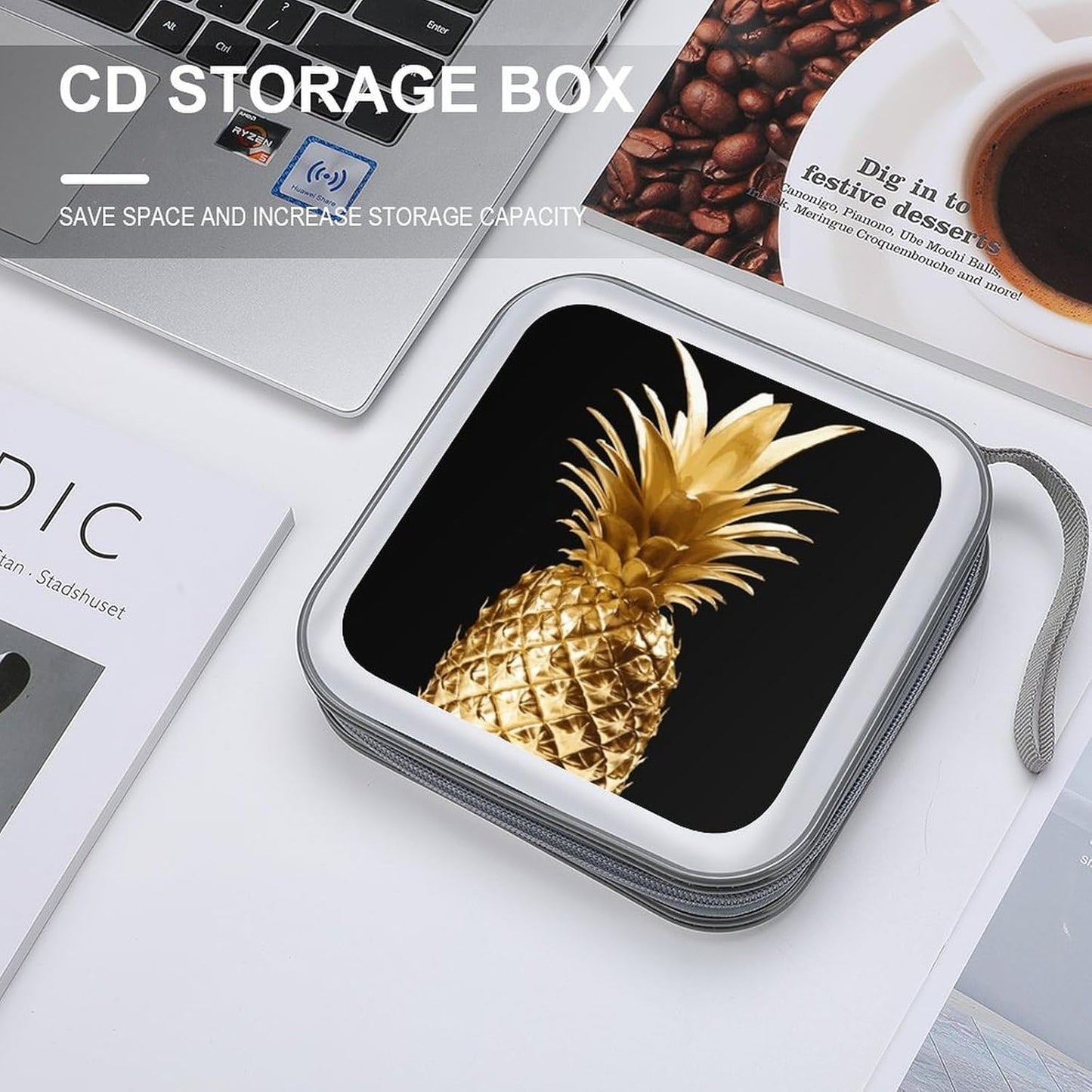 Gold Pineapple CD Case 40 Capacity Case Zipper CD Collection Bag with Handles Cover DVD Storage Hard Plastic DVD Disc Cases Storage Binder for Car Home Office Travel