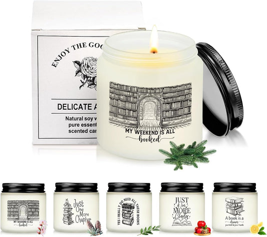MTLEE 6 Pcs Book Lover Gift Bookish Book 3.5 oz Scented Reading Candle Librarian Appreciation Gift for Bookworm Reader Library Teacher Writer Office Staff Graduation Party, 6 Style(Fresh Scent)