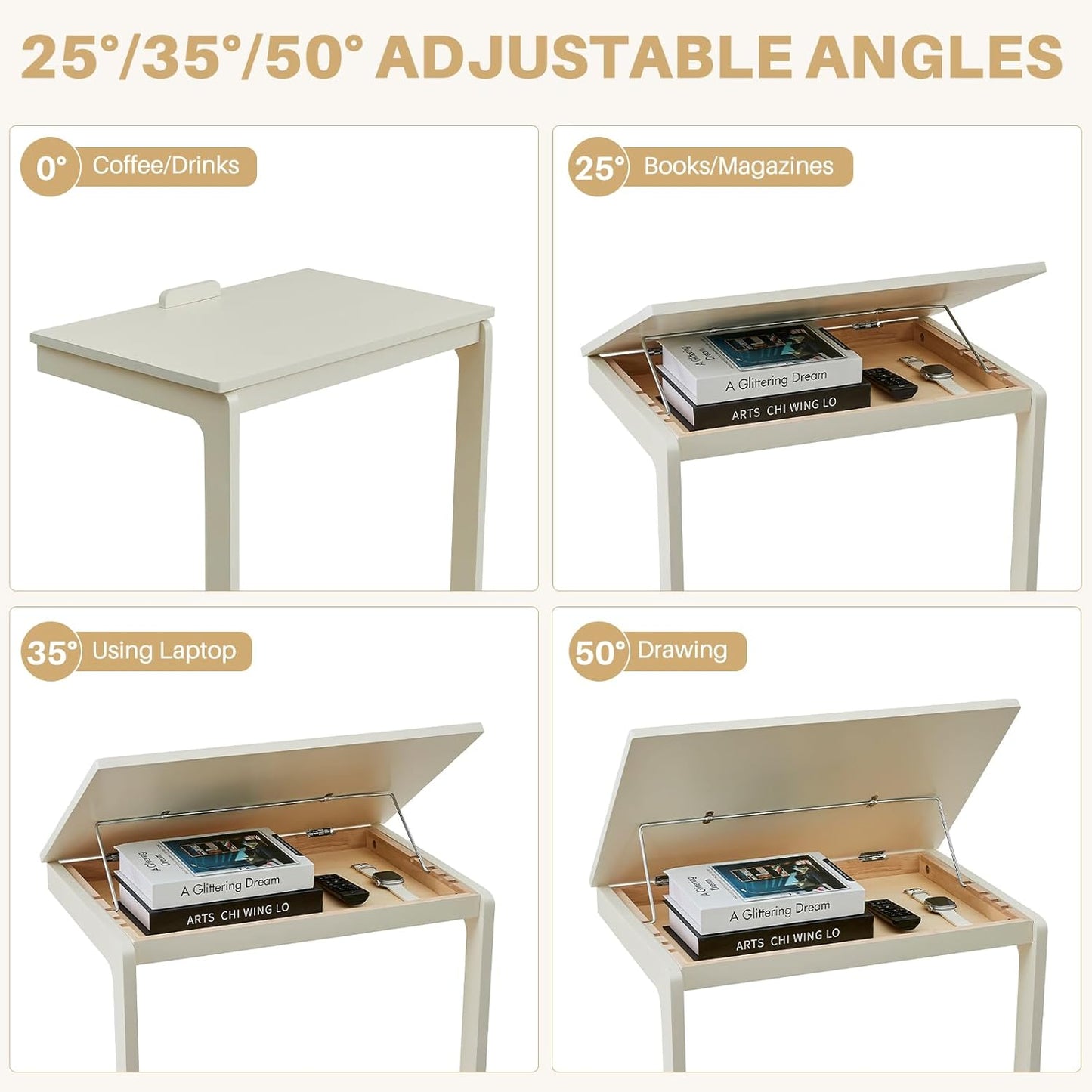 C-Shaped End Table with Wheels - Rolling Side Table for Couch, Solid Wood Modern Adjustable Angles Tv Tray Sofa Tables for Living Room, Bedroom, Home Office, White, 15.4"D x 23.6"W x 24.8"H