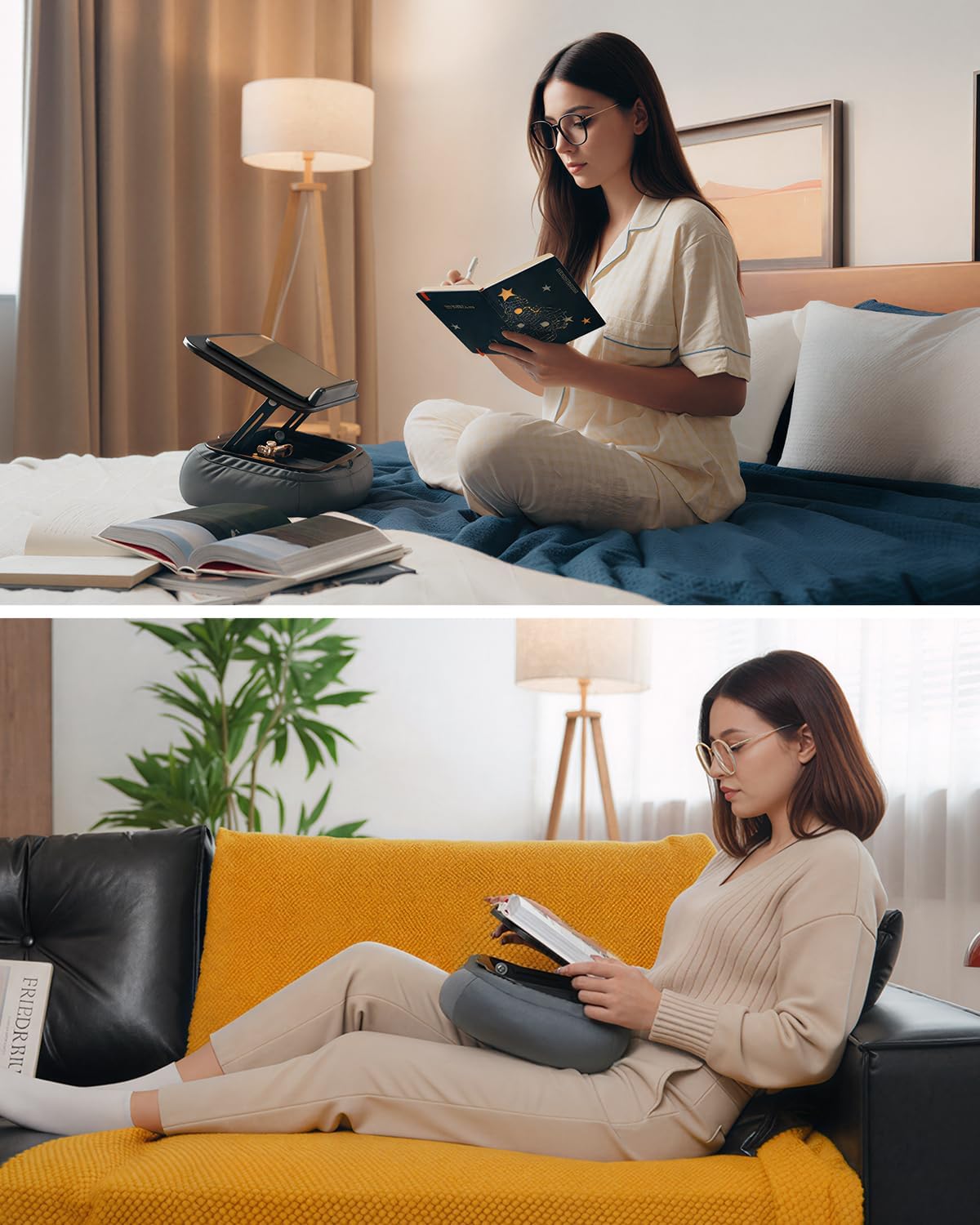 Viozon Lap Book Pillow Stand with Storage, Adjustable Beanbag Reading Pillow with Dark Wood Panel, Multi-Angle Book Holder for Hands-Free Reading in Bed or Sofa,Book Lover Essential,Soft Cushion, B