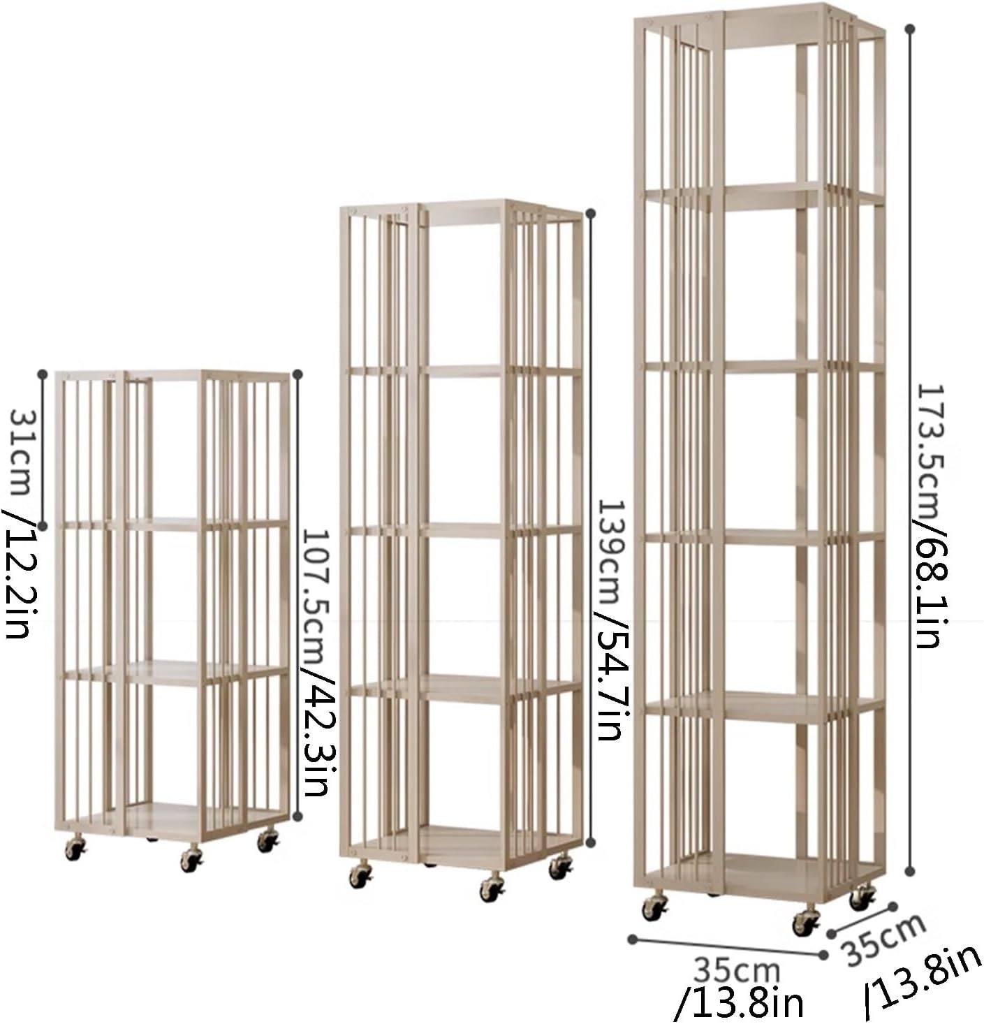 Simple Metal Bookshelf – Vertical Book Tower,360 degrees Vertical Bookshelf Tower,Tall & Narrow Ladder Bookcase, Modern Vertical Bookshelf Tower,Modern invisible Floating Bookshelf With wheels(107.5cm