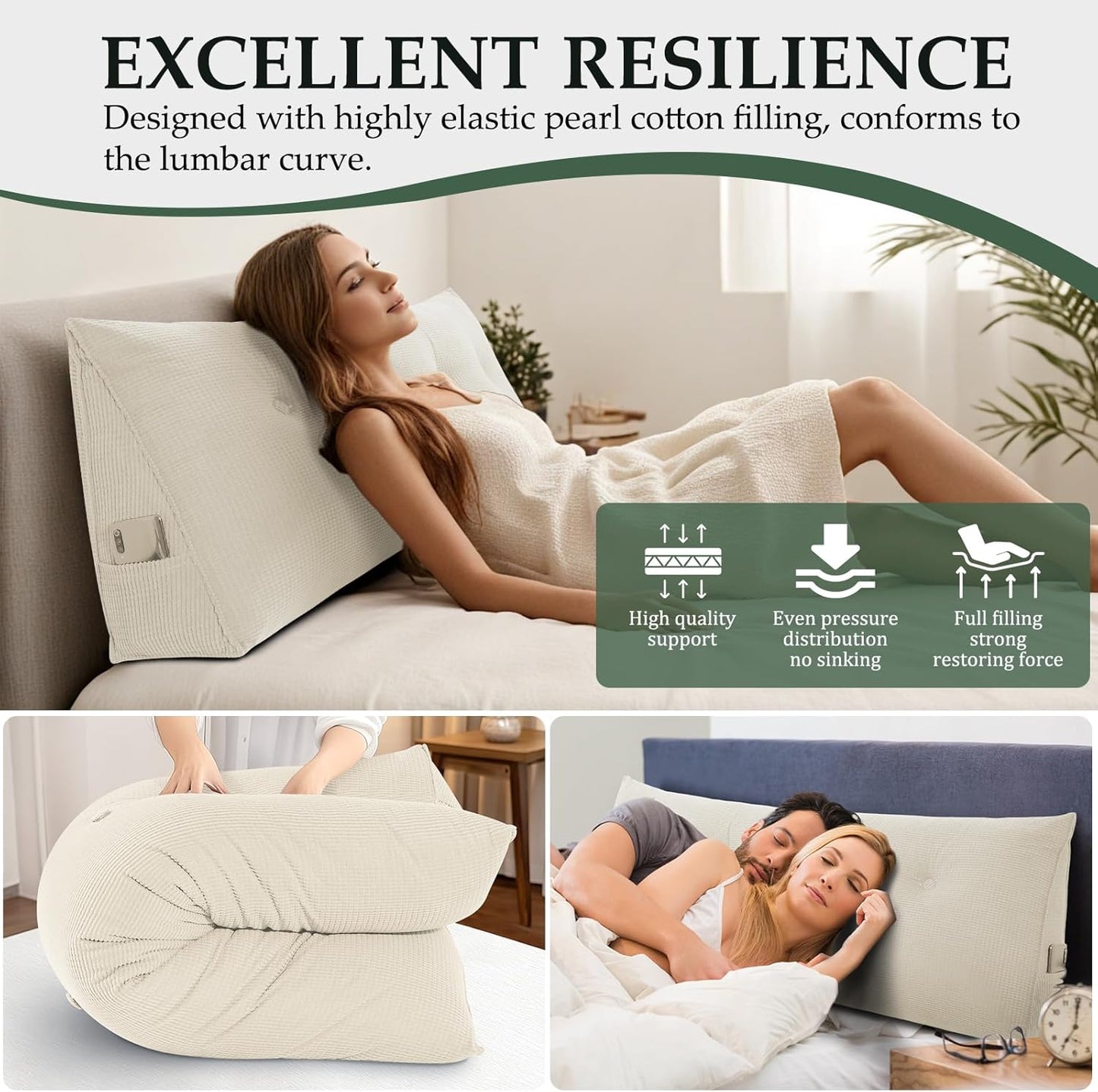 Soft Headboard Pillow Queen Size, Wall Backrest Wedge Pillow Headboard Queen, Reading Backboard Pillows, Large Dorm Daybed Bolster Pillows for Back Support with Removable Cover, Beige
