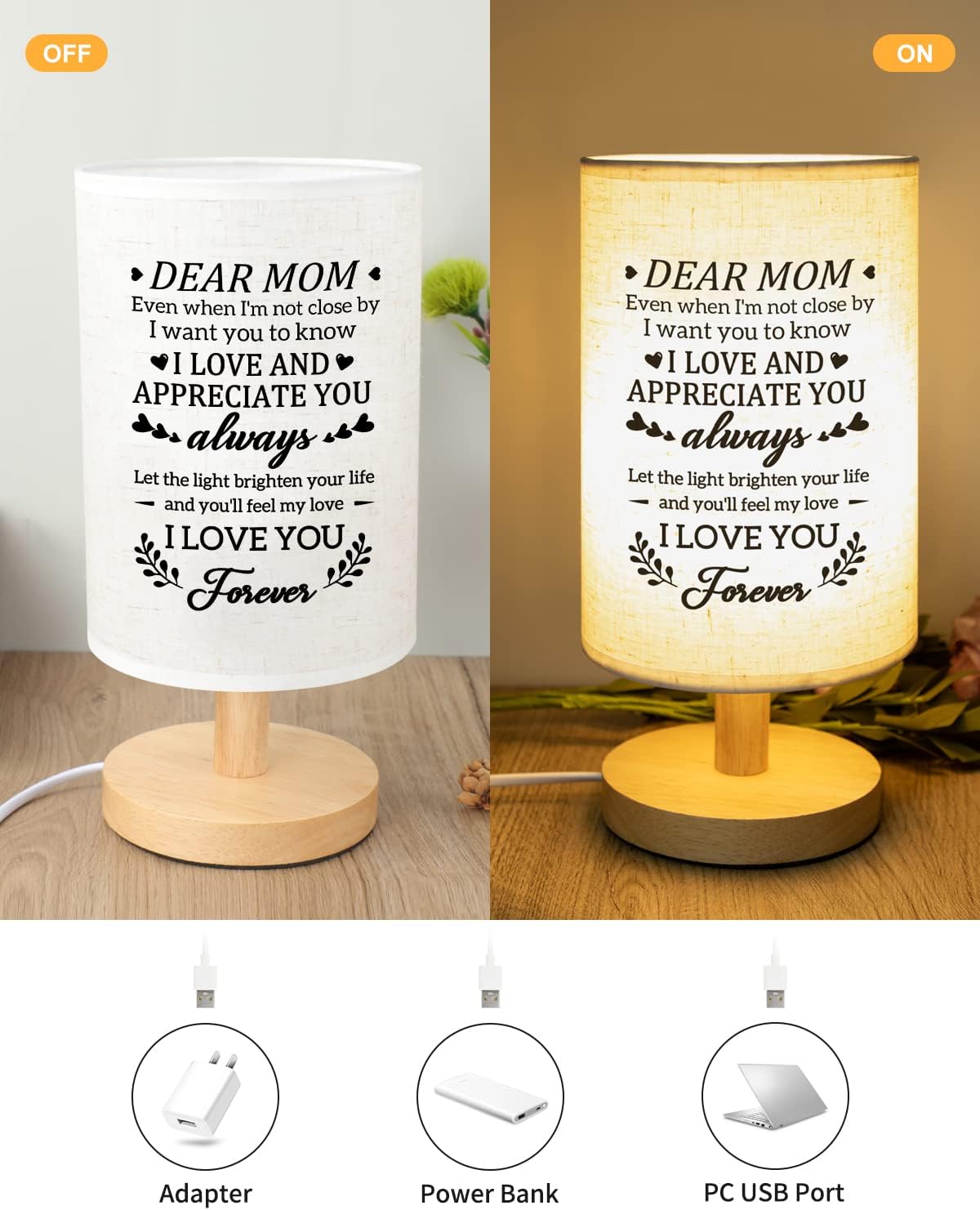 Easter Gifts for Mom from Daughter Son, Moms Birthday Gift Fabric Lamp, Retirement Birthday Gifts for Mother Table Lamp with Wooden Stand, I Love You Mom Gifts