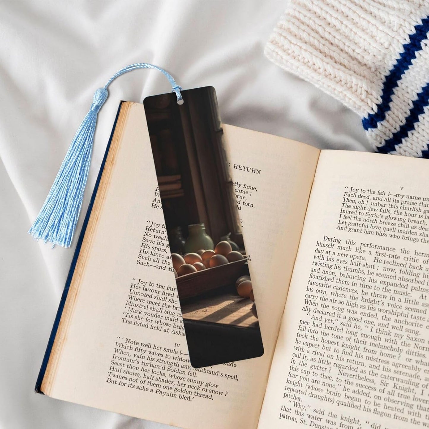 Eggs on The Counter Bookmarks Gifts for Women Men, Wooden Bookmarks for Book Lovers, Vintage Book Marks Ornaments with Tassel, Unique Personalized Reading Page Markers Sky Blue