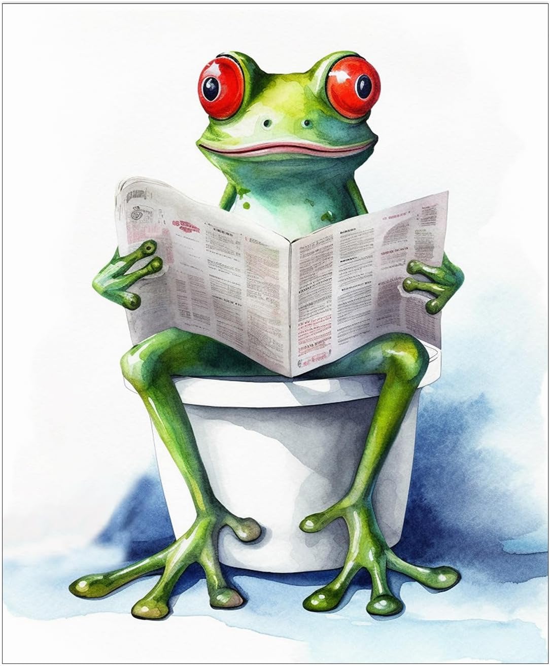 Funny Frog Sitting on the Toilet Reading a Newspaper 11x14 Unframed Wall Art Print - Cute Unique Christmas Birthday Mothers Day Cheerful Animal Print Gift Idea for Mom and Fun Humor Bathroom Decor