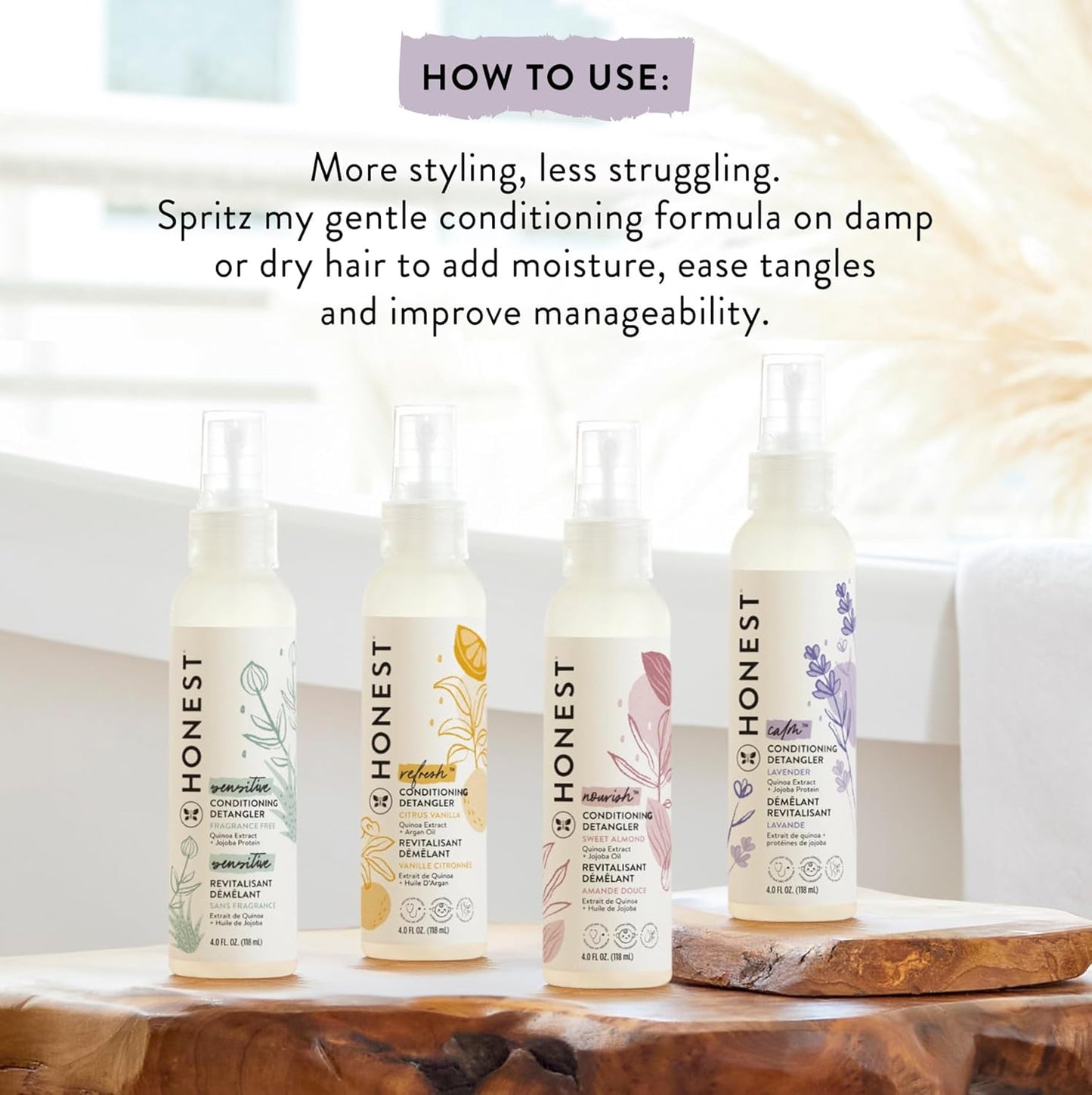 The Honest Company Conditioning Hair Detangler, Tear-Free, Hypoallergenic, Leave-In Conditioner and Fortifying Spray, Citrus Vanilla Refresh, 4 fl oz