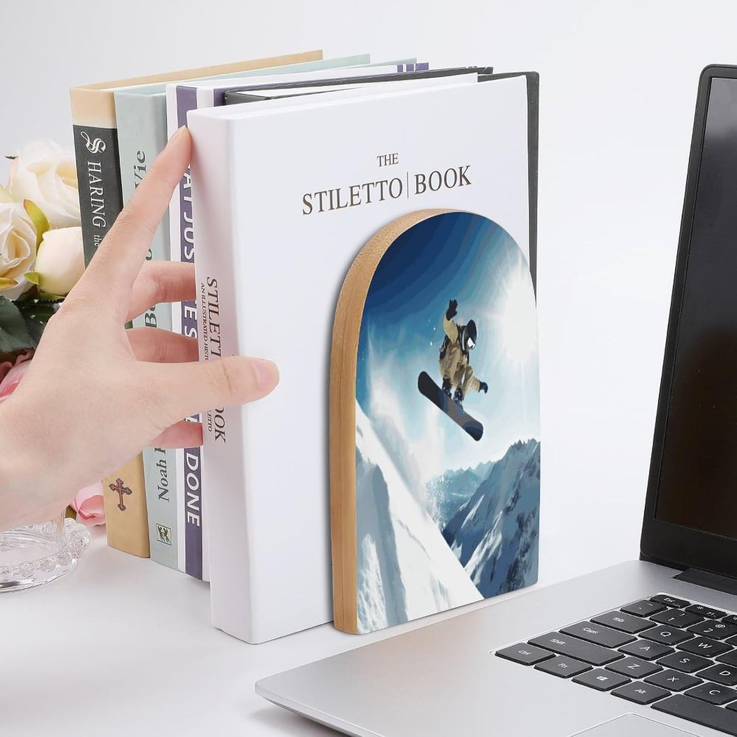 Non-Slip Bookend for Shelves Snowboarding Wooden Bookends with Metal Base Decorative Book Stopper for Home Heavy Duty Wood Book Storage for Books/CDs