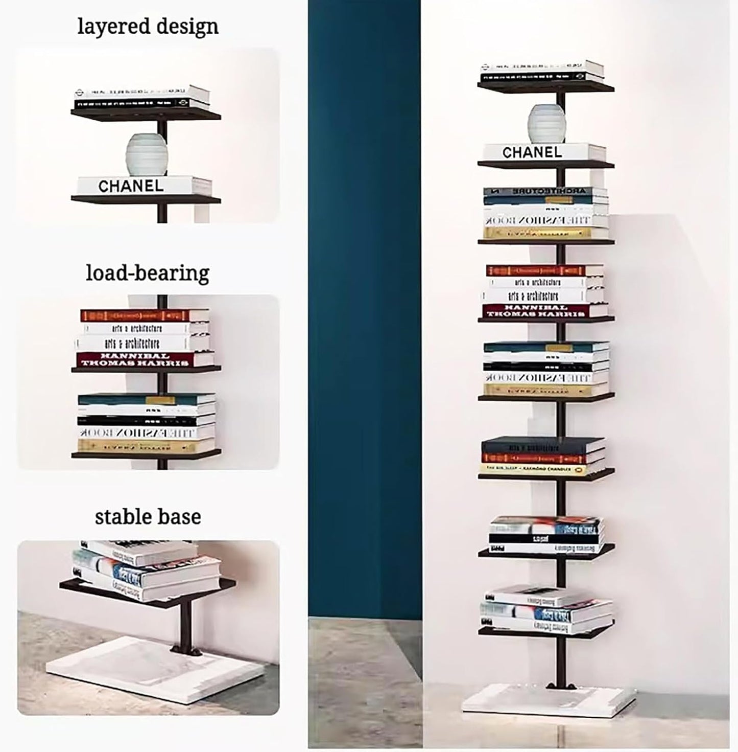 Modern 6-Tier Vertical Bookshelf Tower, Free Standing Narrow Bookcase with Open Shelves, Space-Saving Floor-to-Wall Storage for Living Room, Bedroom, Office (Black)