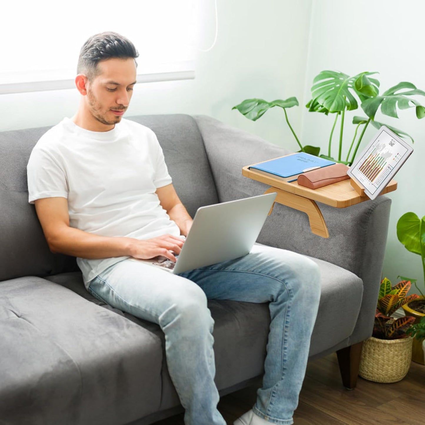 SINWANT Couch Arm Tray,Bamboo Sofa Clip on Side Table,Foldable Couch Armrest Table with 360° Phone Holder,Food Trays for Eating/Drinks/Snacks/Remote 15.35" x 9.8"