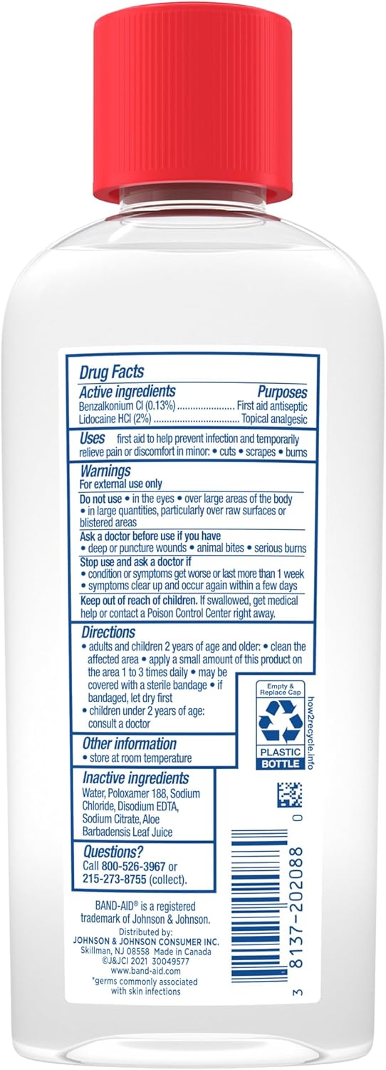Band-Aid Brand Antiseptic Cleansing Liquid, First Aid Antiseptic Wash Relieves Pain & Kills Germs, with Benzalkonium Cl Wound Antiseptic & Lidocaine HCl Topical Analgesic, 6 fl. oz
