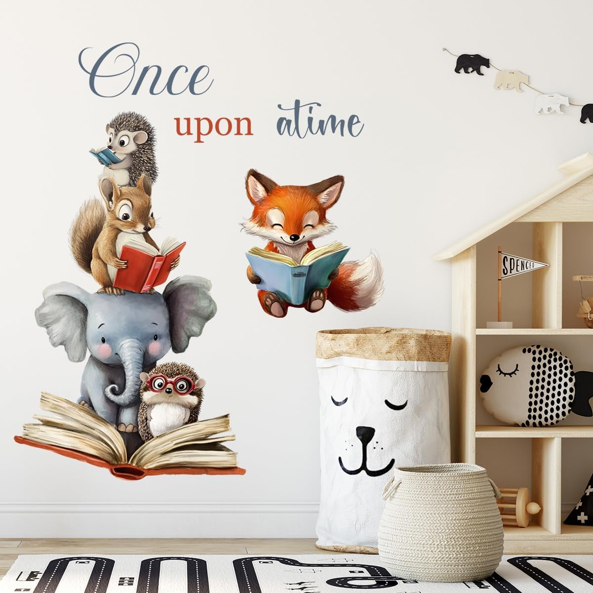 Once Upon a Time Wall Decal, Woodland Animals Reading Books Wall Stickers for Nursery Classroom Kids Bedroom Preschool Wall Decor, 31.10x27.95 inch, 2 Sheets