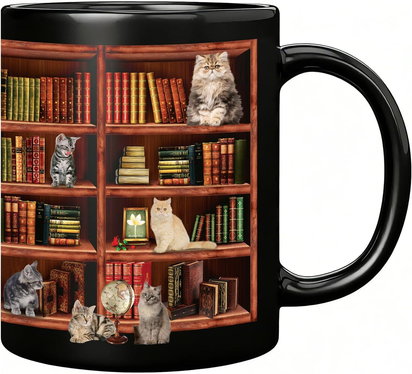 Coffee Mug for Book Lovers - Cat Mugs for Cat Lovers - Funny Mugs Charming Gifts for Book Lover Women and Cute Gifts for Writers & Readers - Library Bookshelf Mug - 11oz Black Ceramic Coffee & Tea Cup