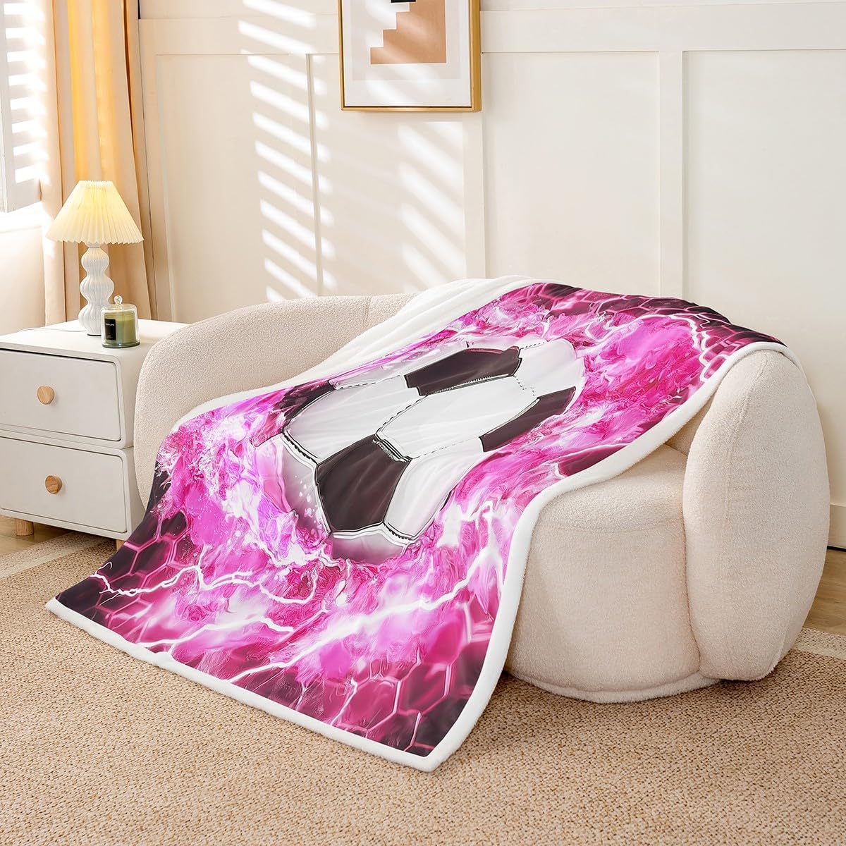 Erosebridal Pink Soccer Blanket Throw 50x60,Girls Football Fuzzy Blanket for Kids Boys Teens,Girly Honeycomb Lightning Throw Blanket,Geometric Hexagon Plush Blanket for Home Room Decor,All Season