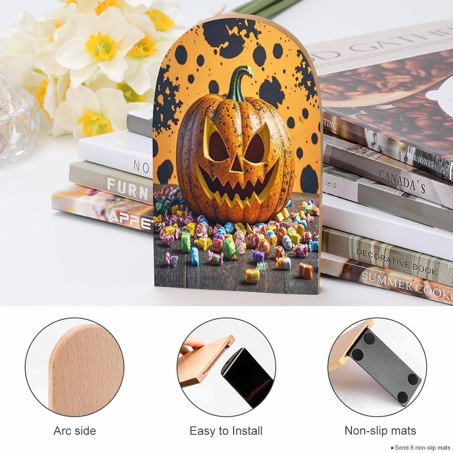 Pumpkins and Candies Bookends 1 Pair Heavy Duty Book Ends for Shelves Non-Skid Bookend Supports Wooden Book Holders with Metal Base Desk Organizers Books Storage to Hold Books