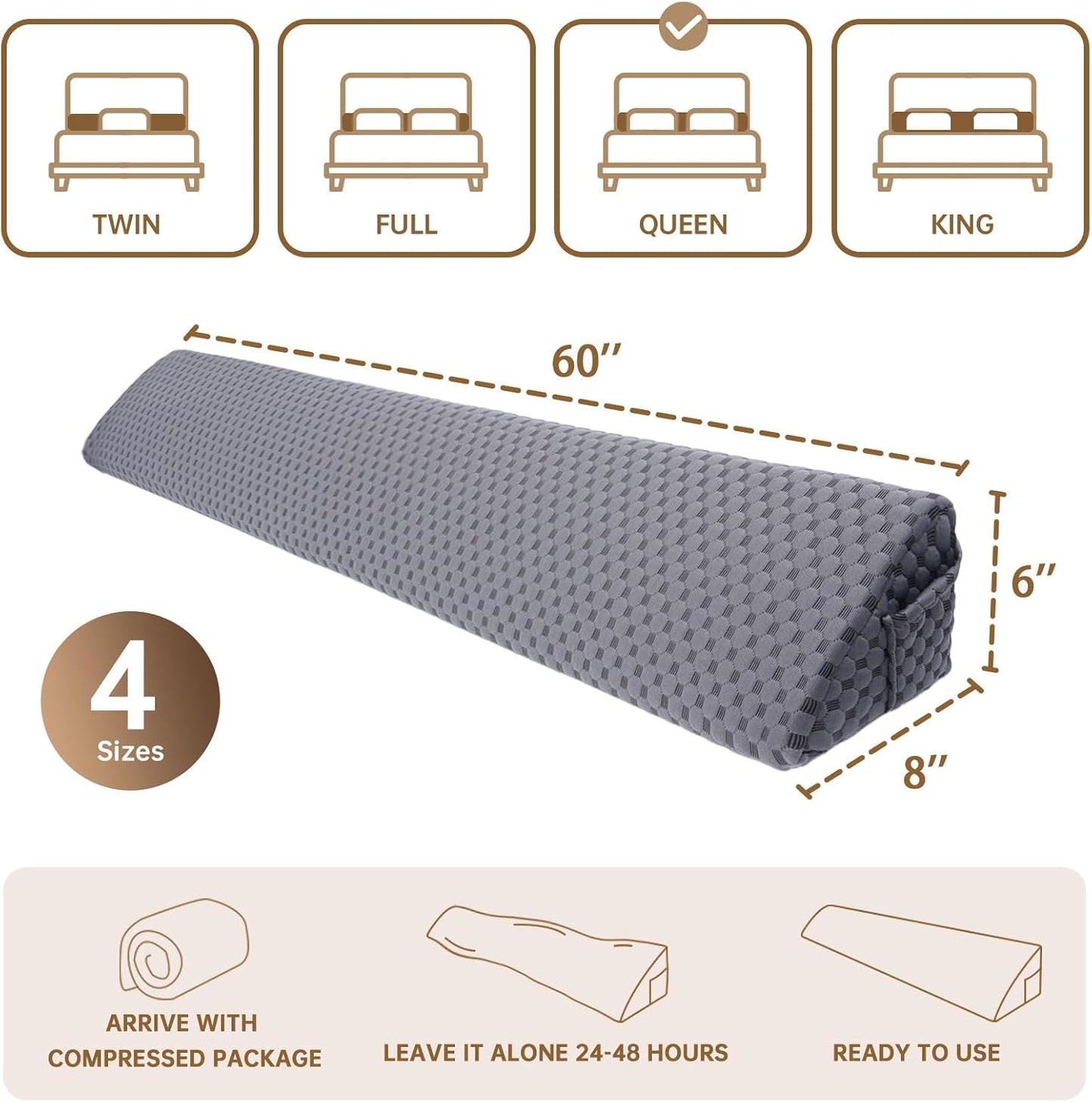 Queen Size (60"x6"x8") Bed Wedge Pillow for Headboard Mattress Gap Filler (0-6") for College Dorm Sleeping, Dark Gray