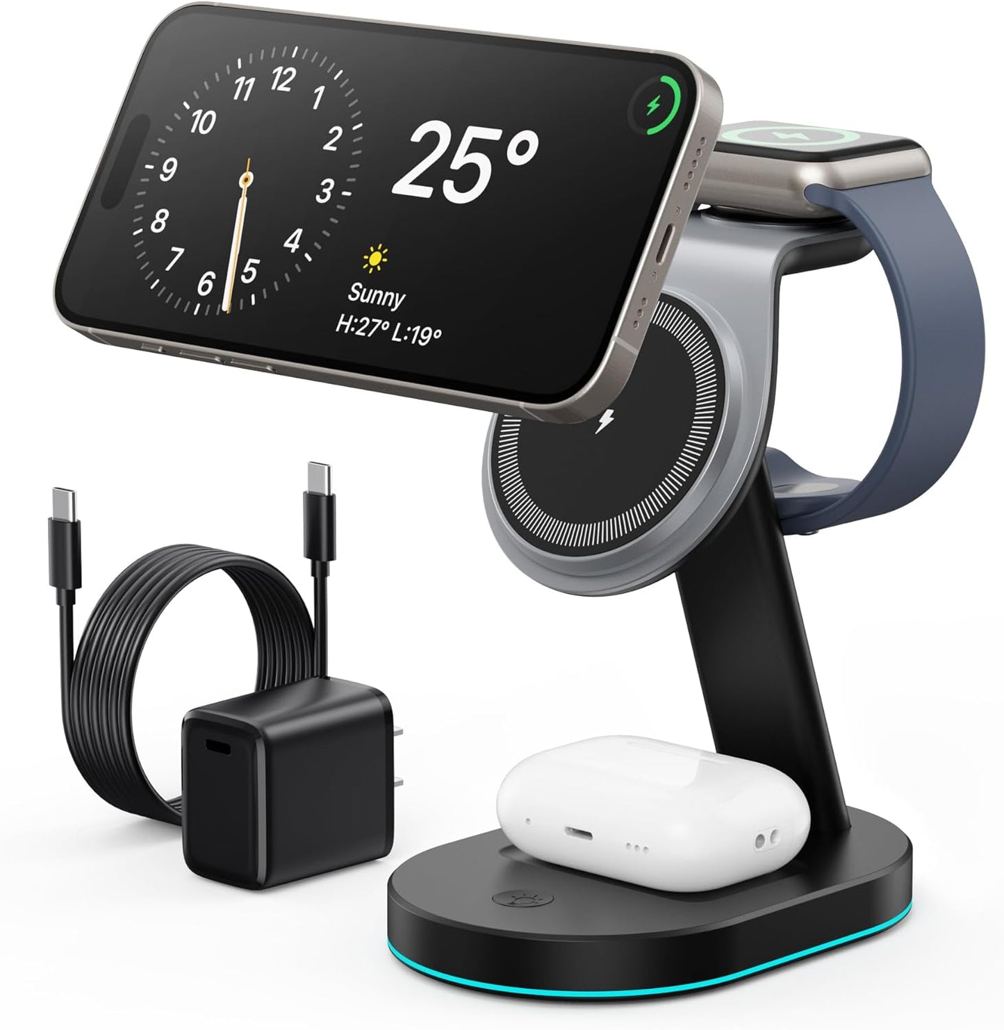 3 in 1 Wireless Charger Charging Station for iPhone,Qi2 Certified 15W Magnetic Charging Stand for Mag-Safe with 30W USB C Adapter&Friendly Night Light for iPhone 17/16/15/14/13/12,Apple Watch,AirPods