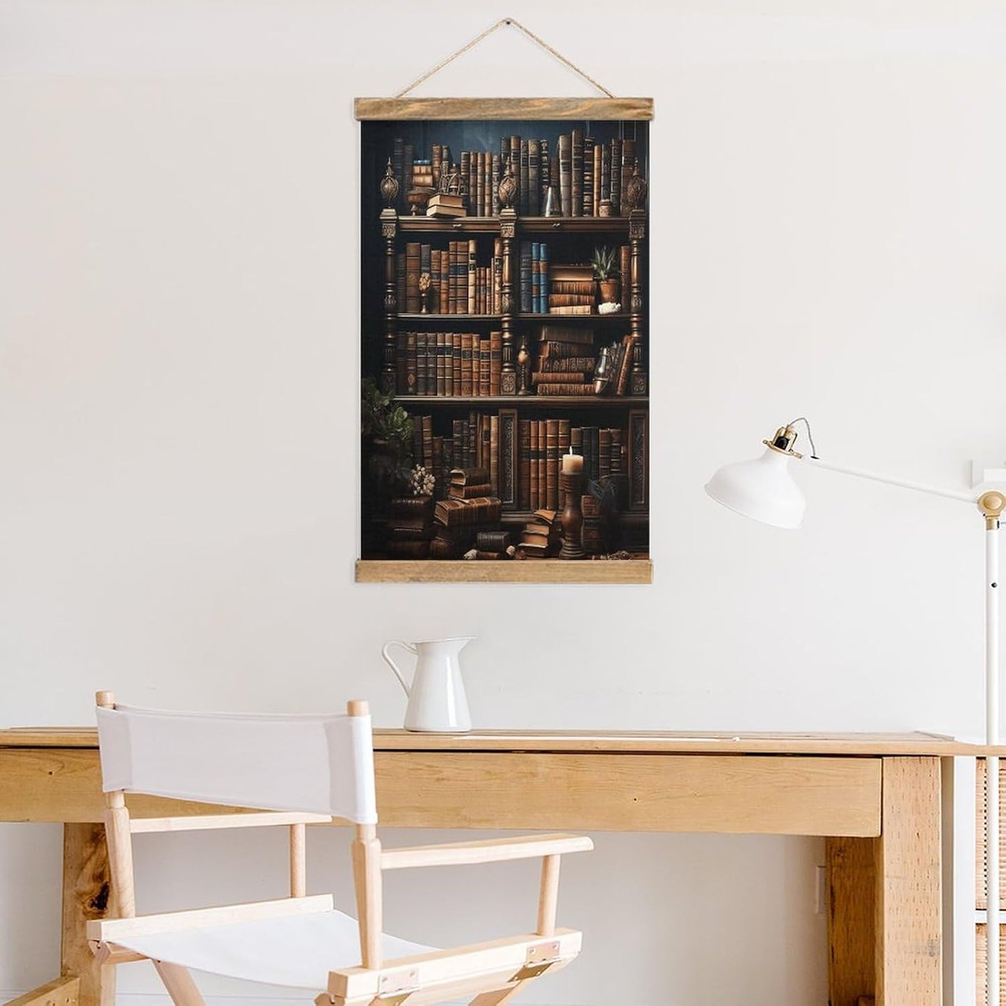 Vintage Books on The Bookshelf Poster with Wooden Frame Personalized Linen Hanging Scroll Painting Rustic Wall Hanging Illustrative Modern Artwork Decor for Home Living Room Bedroom Office