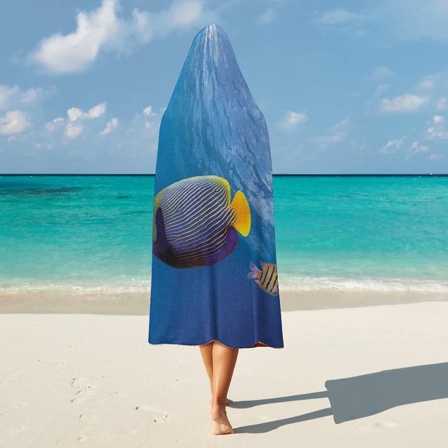 Throw Blankets, Under The Sea Women Men Hooded Blanket, Tropical Emperor Long Living Angelfish in Underwater, Soft Warm Cozy, 50 x 60inches, Studying Reading Snuggling Napping Office, Blue