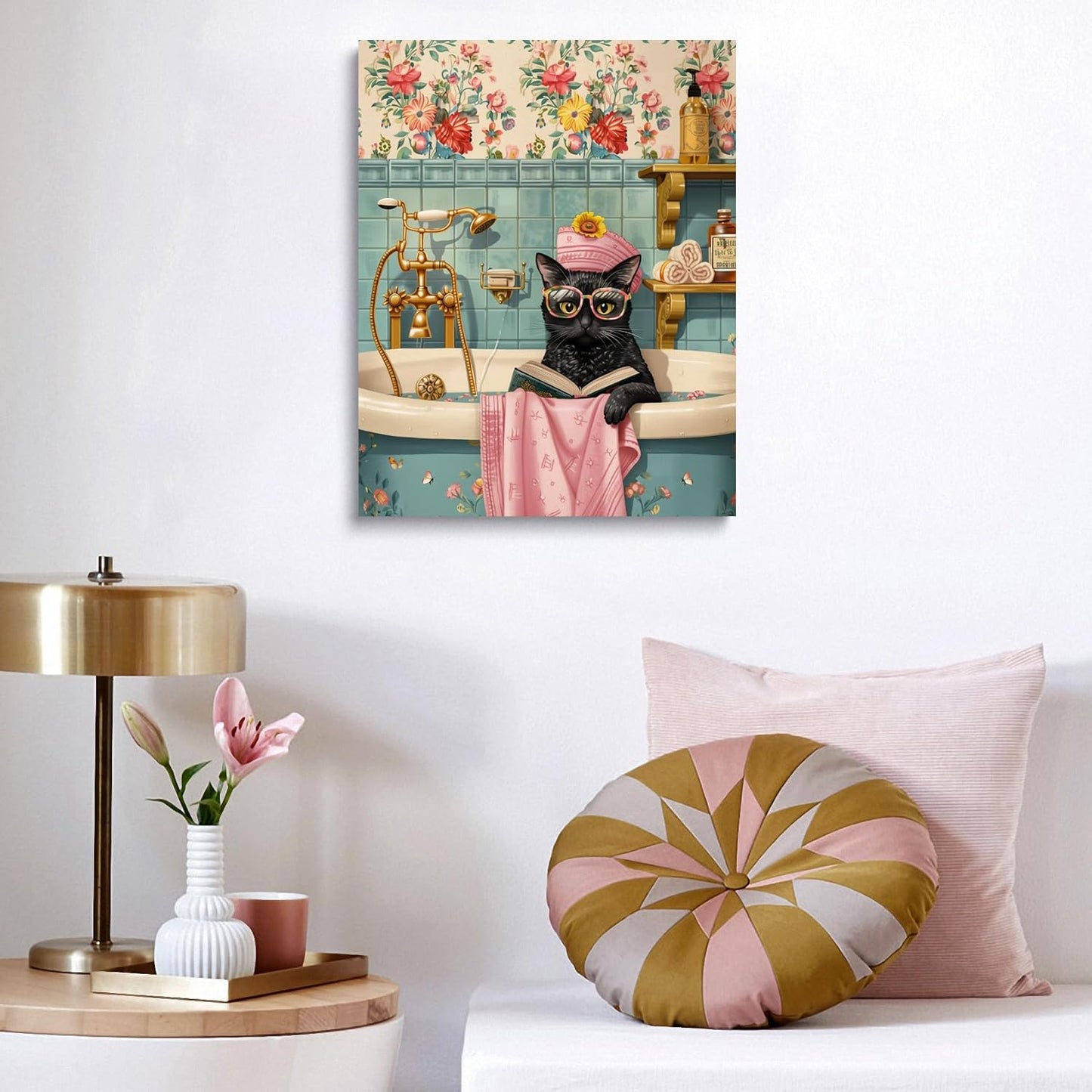 Whimsical Cat in Bathtub Canvas Wall Art Framed Painting Vintage Bathroom Scene with Glasses Bath Cap Wall Decor Artwork Print Poster Funny Cute Cozy for Bathroom Office Decor 16x24 Inches