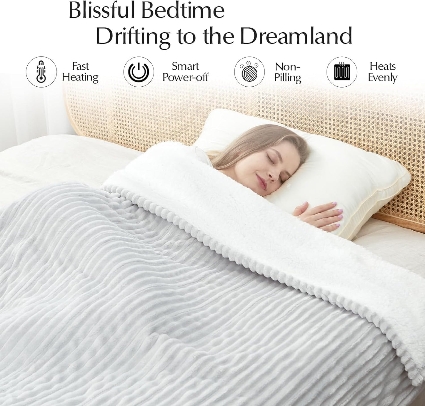 Electric Heated Blanket Twin Size, Soft and Cozy Thickened Stripe Flannel and Sherpa Electric Blanket for Bed, Automatic Safety System 6 Heating Levels & 10 Hours Auto-Off, 62"x84" Light Grey