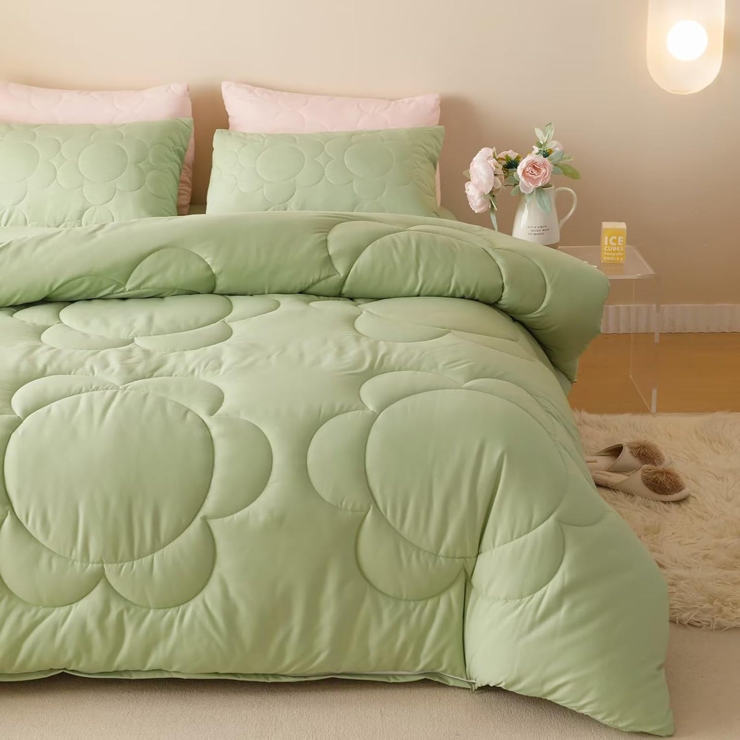Cottonight Sage Sunflower Comforter Set - Queen Size, Light Green Floral Bedding Set - Women's Boho Farmhouse Chic Blanket & Quilts - Soft, Breathable, Grass Green Printed 3 Piece Set