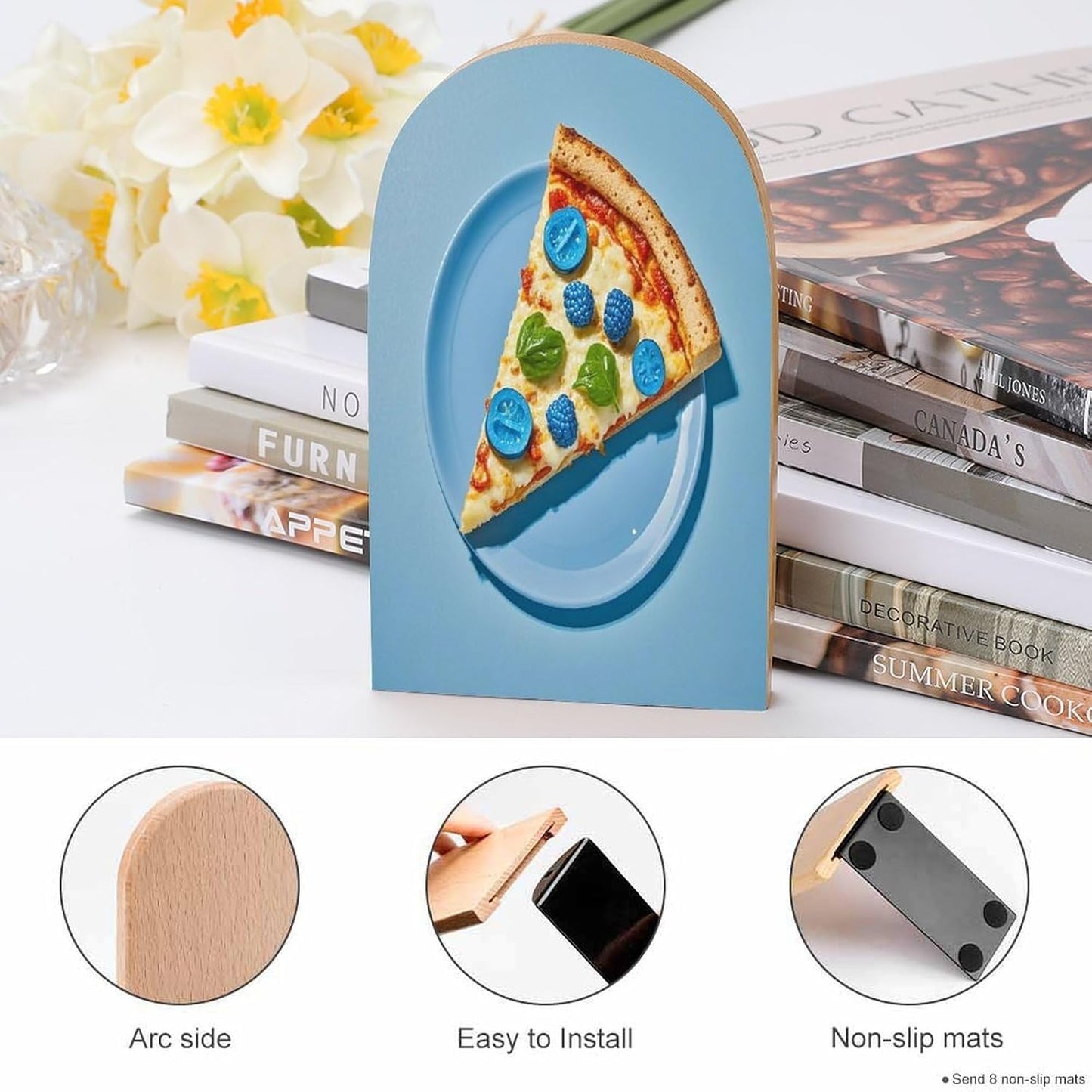 Light Blue Pizza Slice Bookends 1 Pair Heavy Duty Book Ends for Shelves Non-Skid Bookend Supports Wooden Book Holders with Metal Base Desk Organizers Books Storage to Hold Books