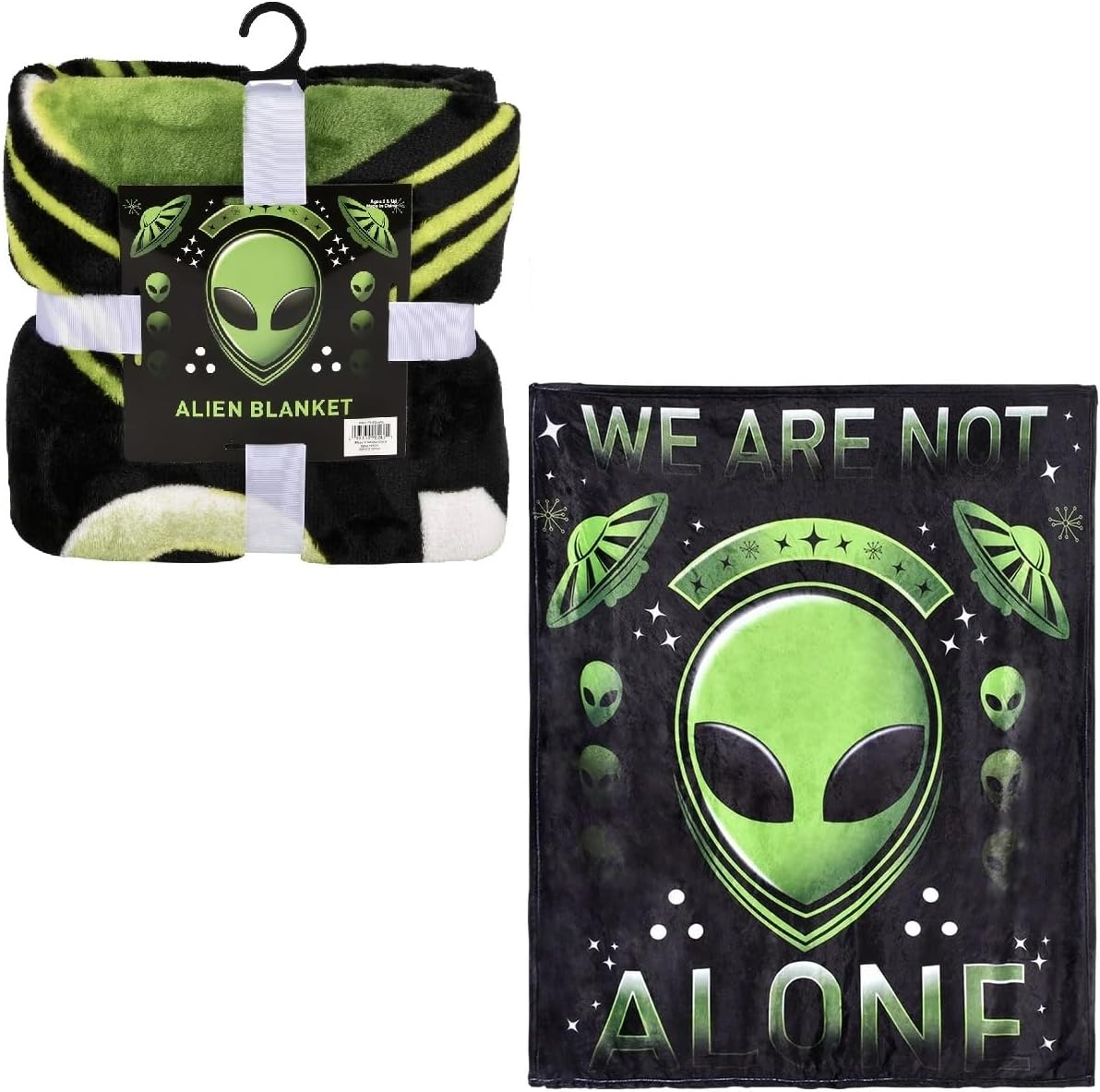 Green and Black Alien Blanket - We are Not Alone (50" X 60") UFO UAP Flying Saucers Stars Roswell Disc. Soft Warm Bedroom Throw Fleece Blanket.