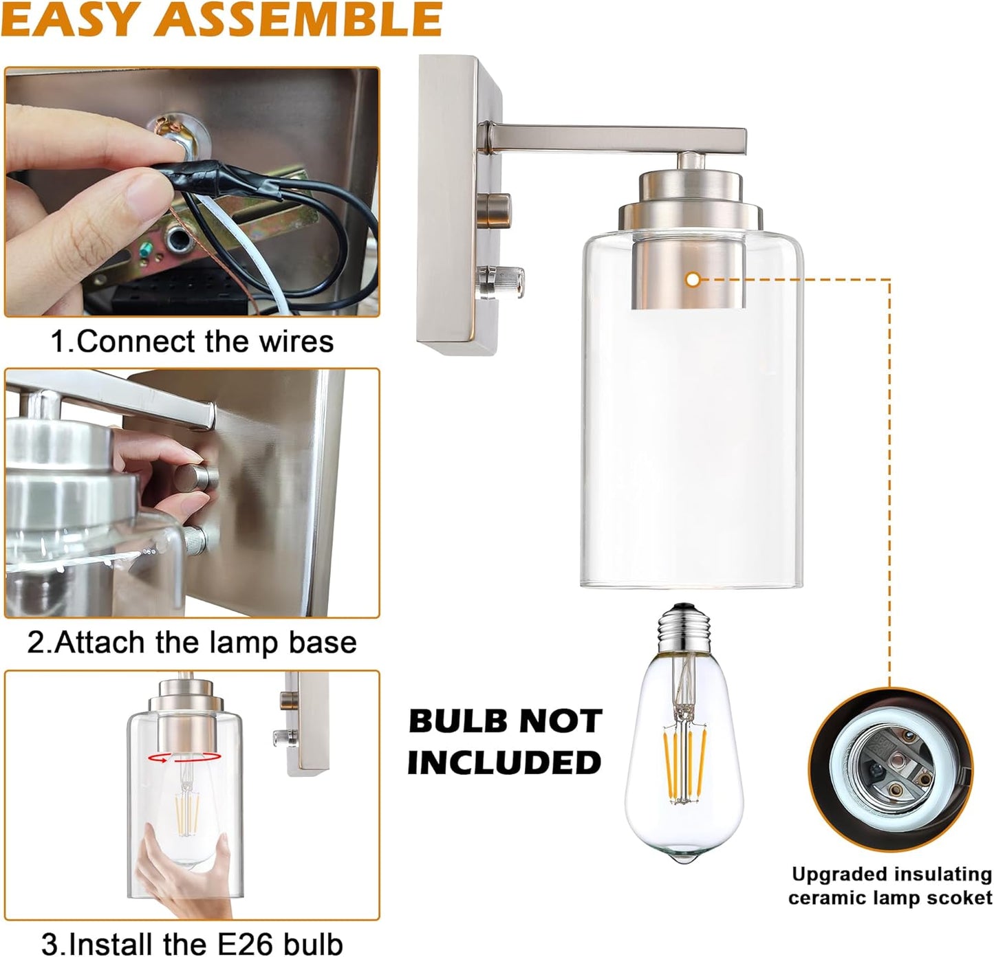 Pia Ricco Wall Sconces Set of 2, Bedside Wall Lamp with Switch for Bedroom, Modern Bathroom Light Fixture with Clear Glass Shade, Brushed Nickel Sconces Wall Lights for Living Room, Hallway, Kitchen