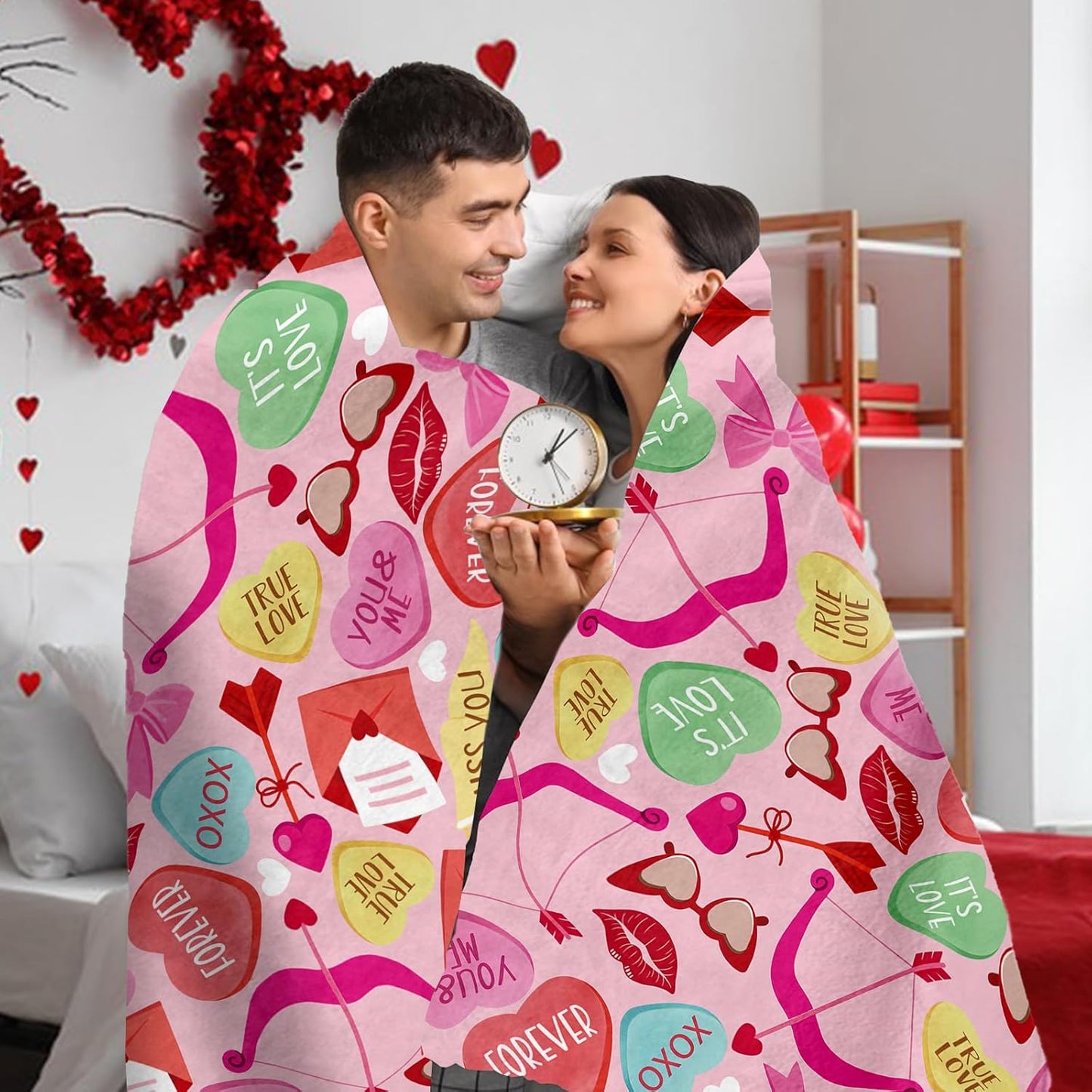 Valentines Day Flannel Throw Blanket, Colorful Cute Love Hearts Anniversary Birthday Gifts for Women Kids Lover Couples, Romantic Words Soft Blankets for Classroom School Bedding Sofa 50" x 60"