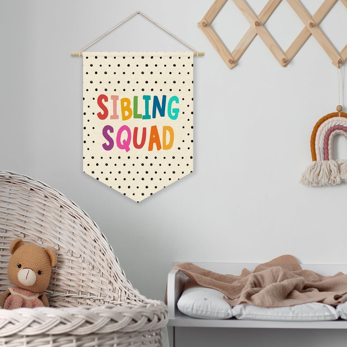 Girl Nursery Decor Canvas Banner,Nursery Bedroom Playroom Wall Art Decorations,Nursery Hanging Sign with Rope (Sibling Squad)