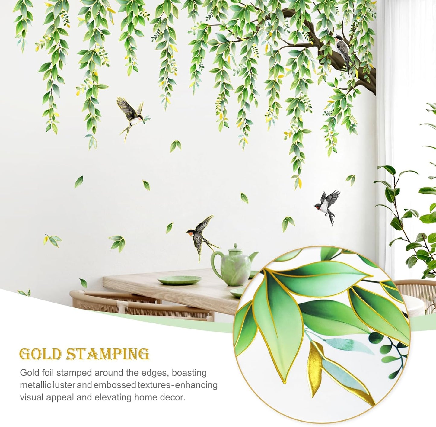 Supzone Large Green Tree Branch Wall Decals Hanging Green Vine Leaves Birds Wall Stickers for Living Room Bedroom Sofa TV Background
